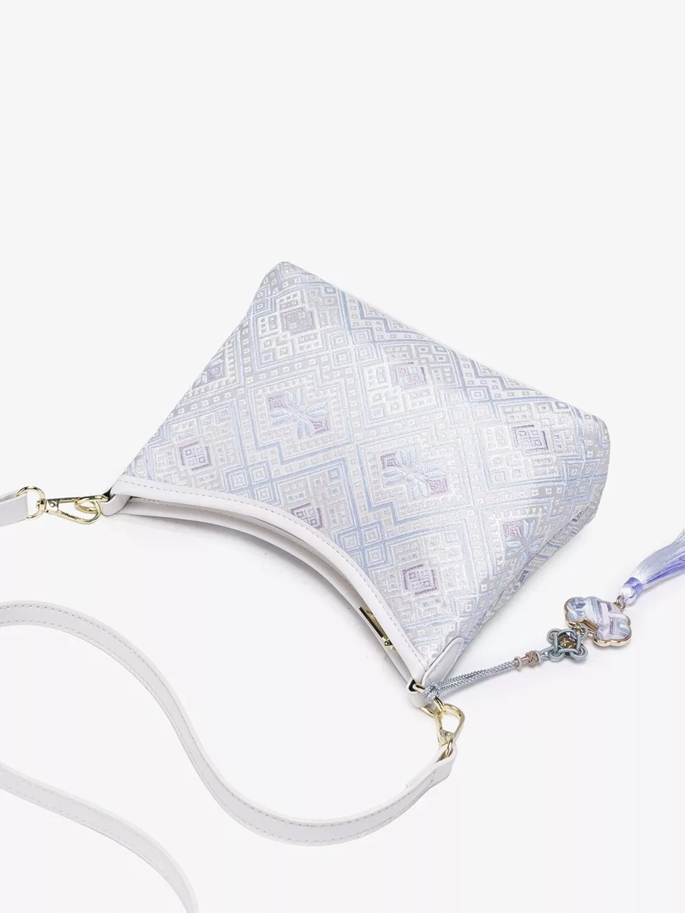 Geometric Pattern Jacquard Crossbody Bag with Tassel Charm, image 8
