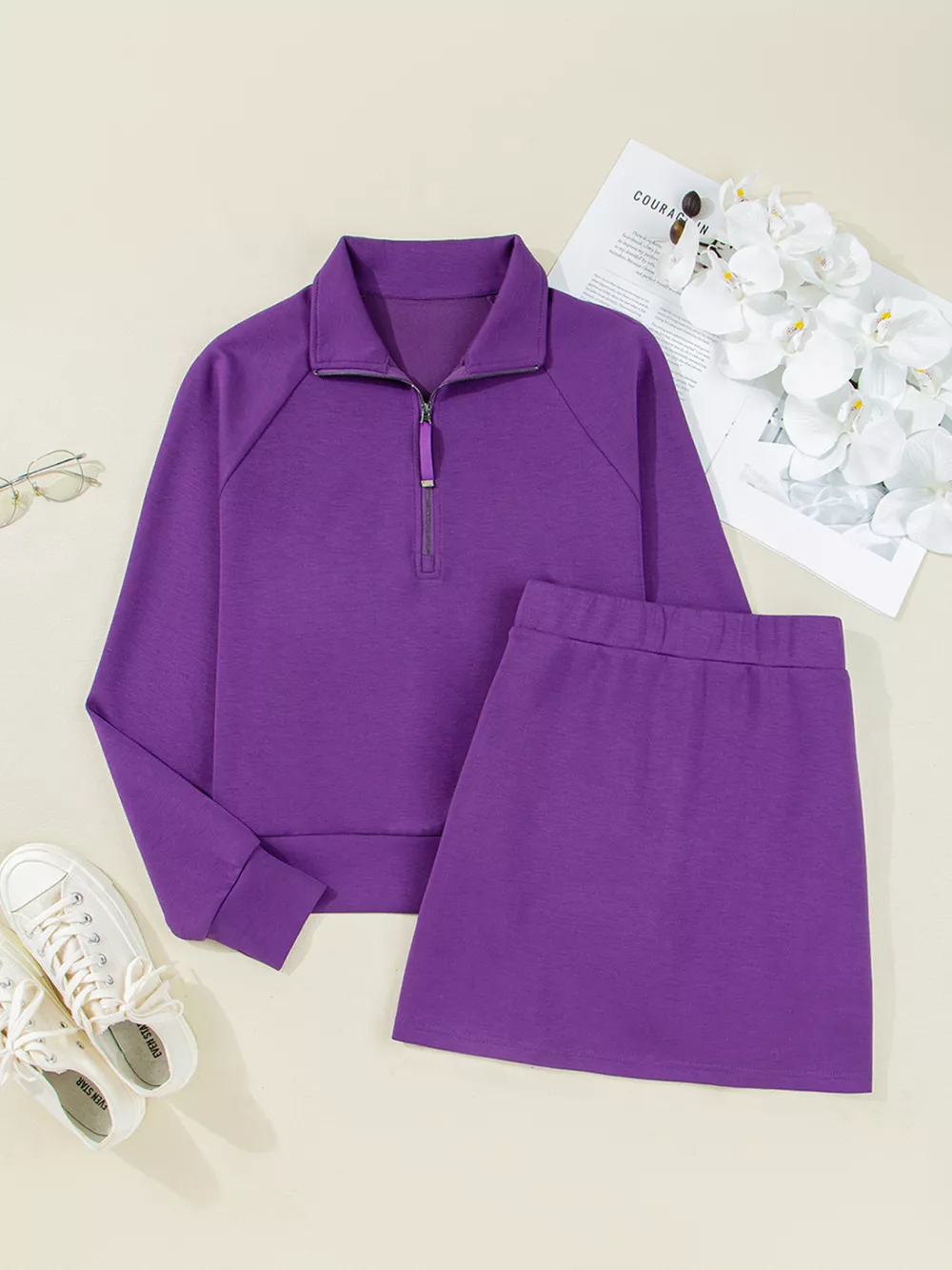 Half Zip Long Sleeve Top and Mini Skirt 2pcs Outfit, image 13