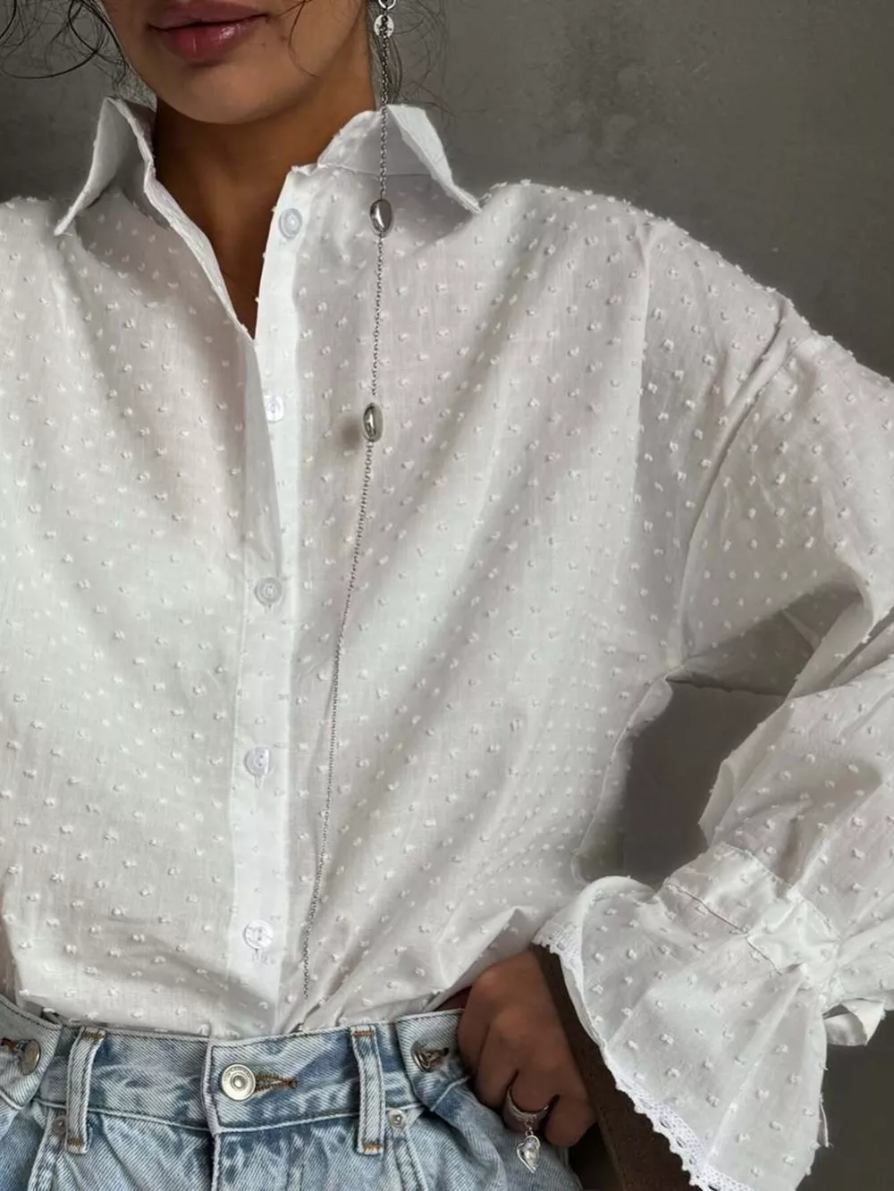 Swiss Dot Flounce Sleeve Shirt, image 3
