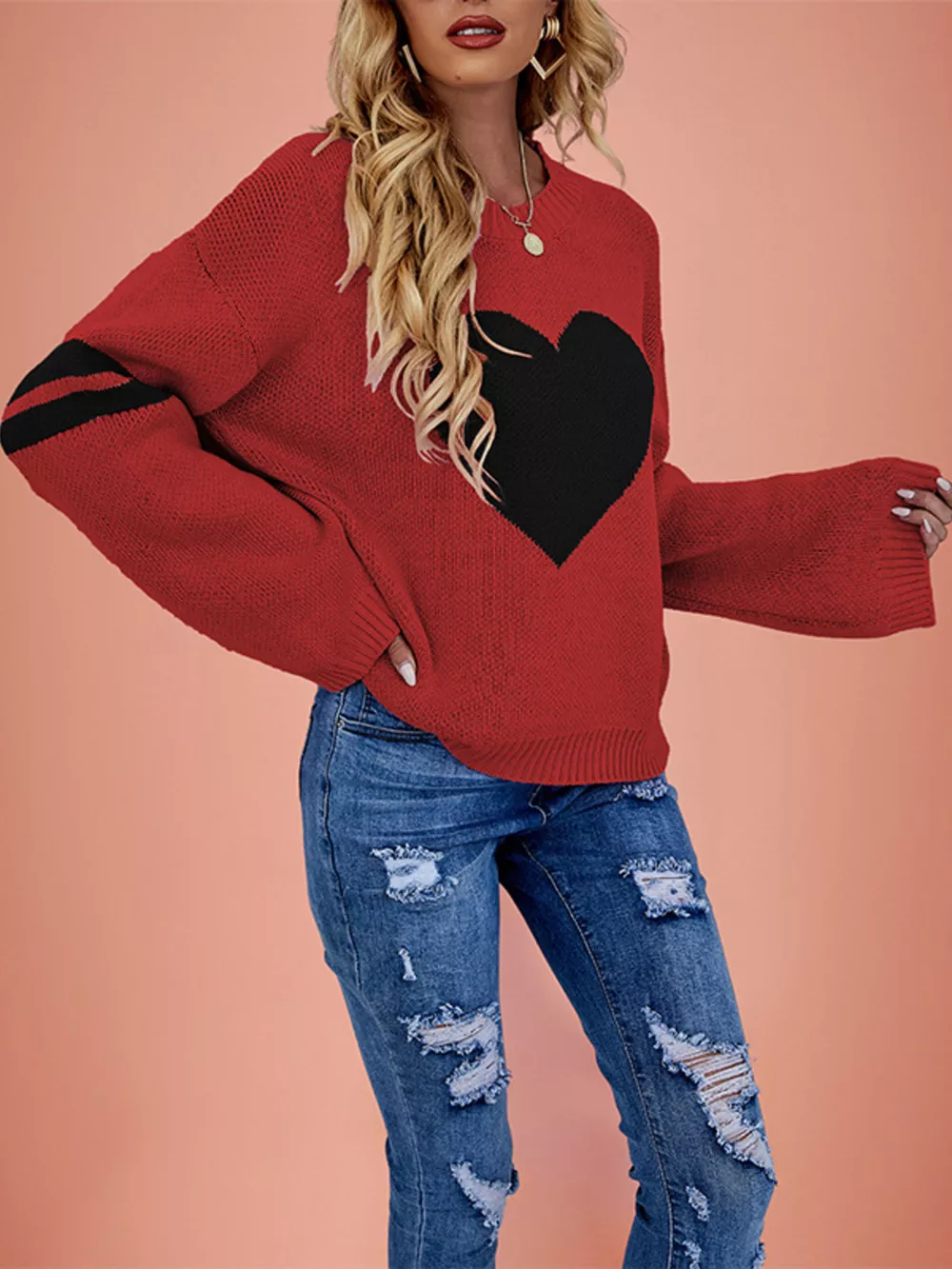 Heart Pattern Dropped Shoulder Sweater, image 6