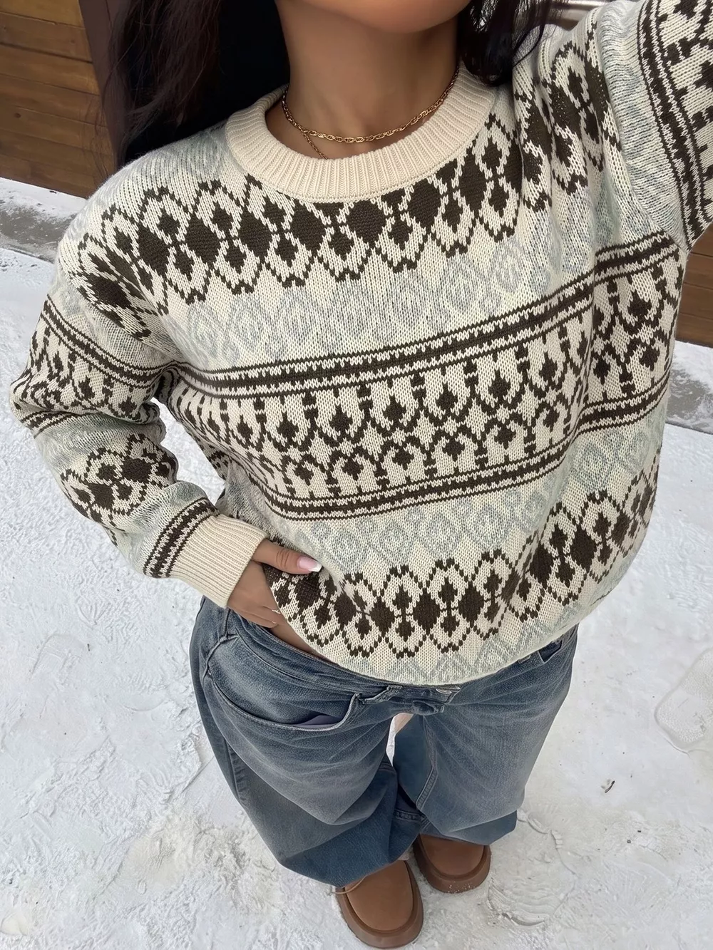Fair Isle Pattern Crew Neck Sweater, image 2