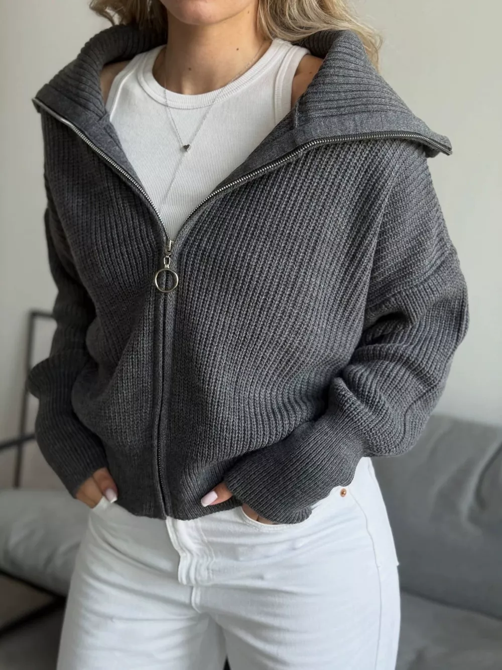 Zip Up Dropped Shoulder Cardigan, image 5