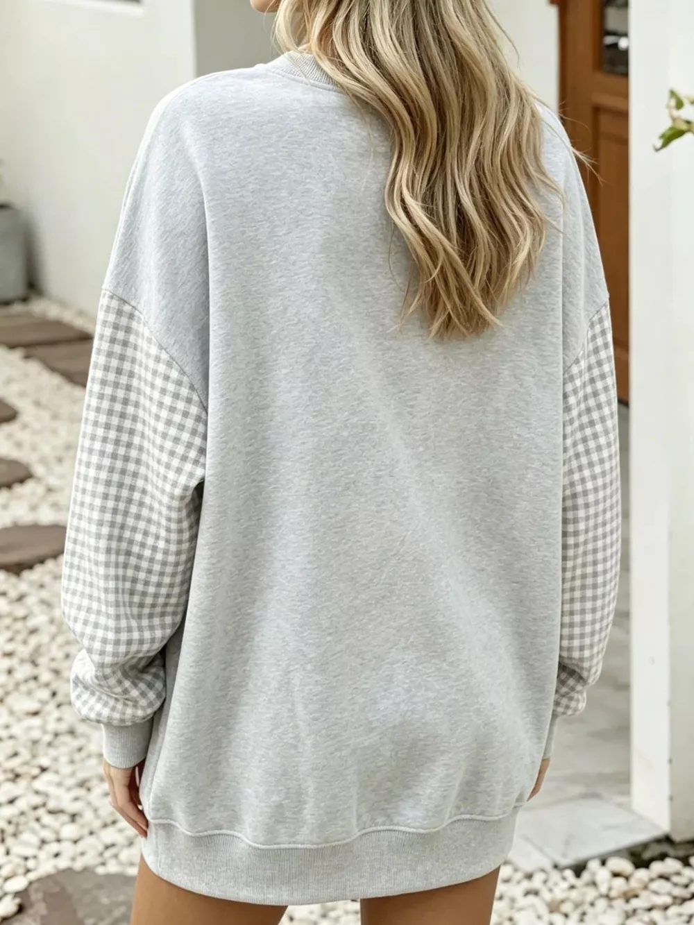 Christmas-Themed Contrast Gingham Long Sleeve Sweatshirt, image 10