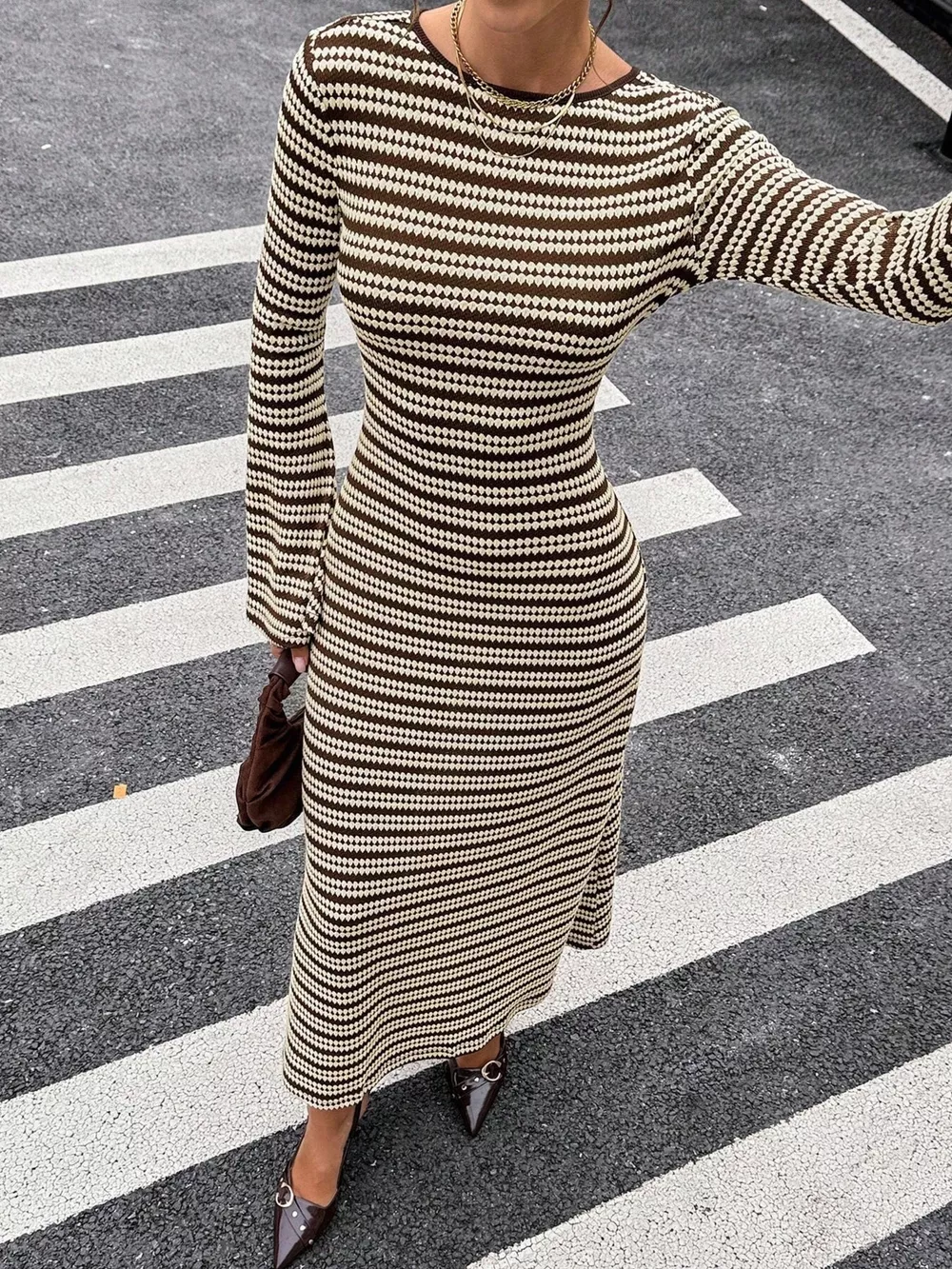 Backless Striped Ribbed Knit Maxi Dress with Flared Sleeves, image 6