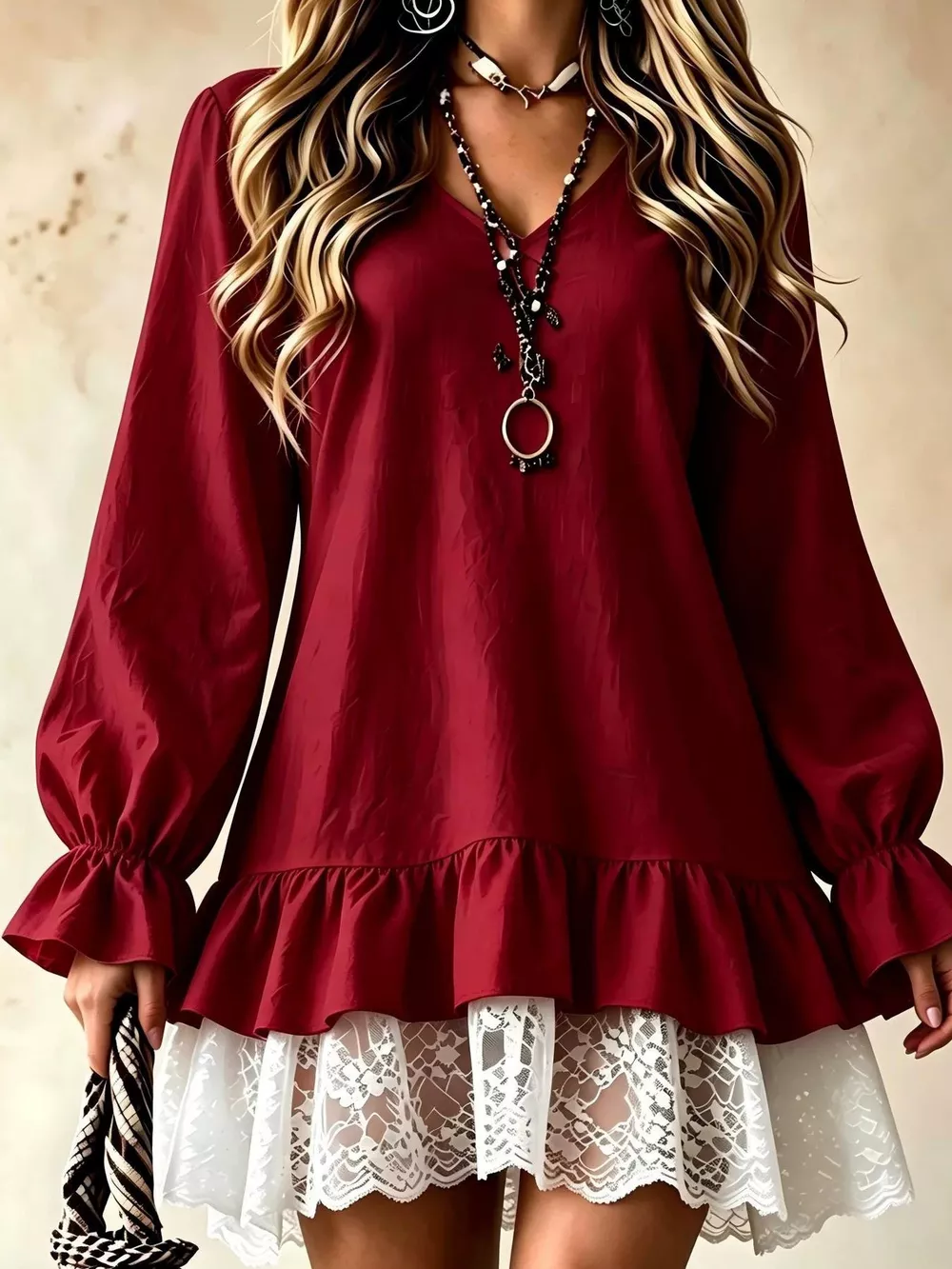 V-Neck Long Sleeve Ruffle Hem Lace Detail Dress, image 3