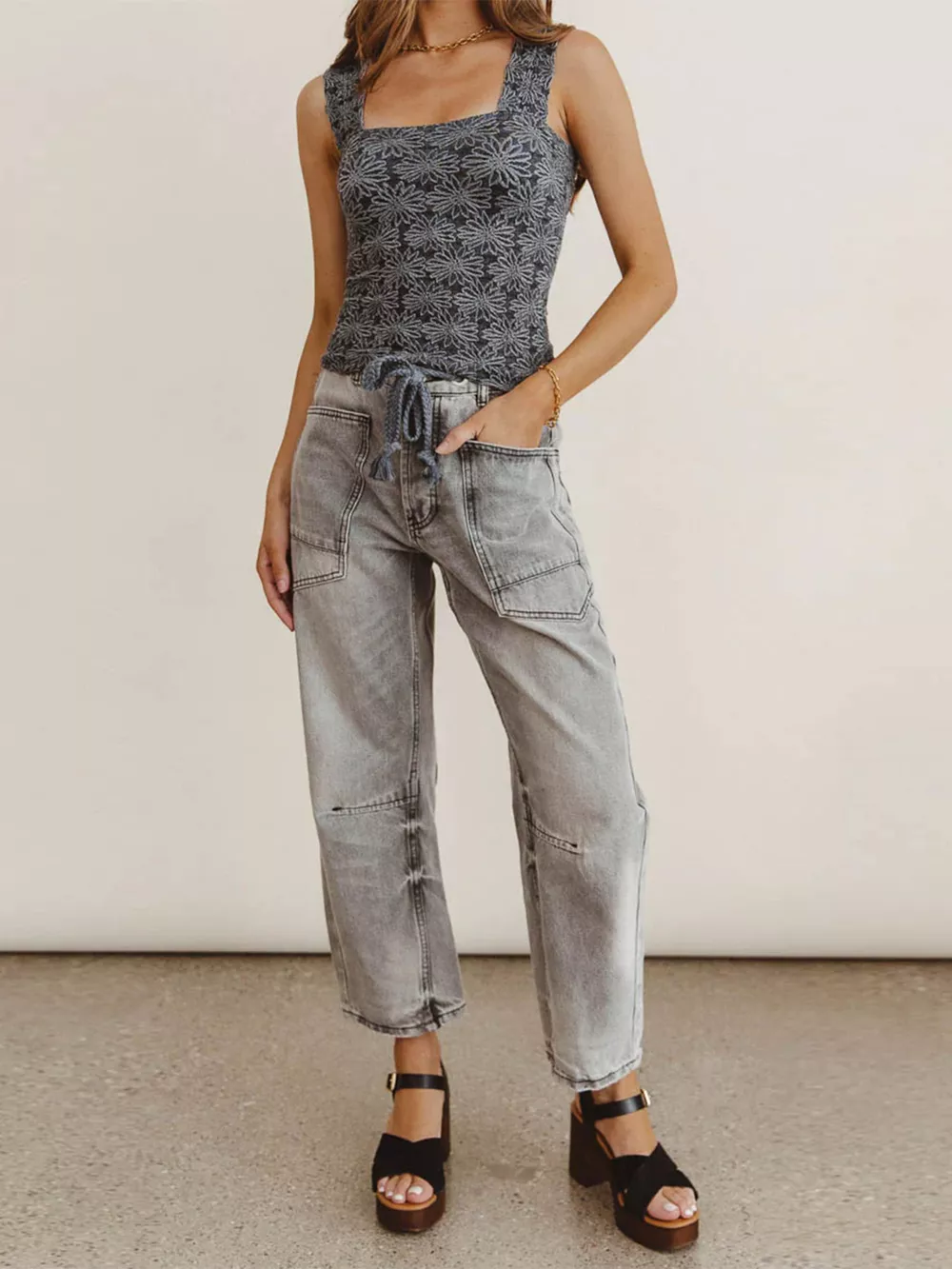 Drawstring Wide Leg Cropped Jeans, image 4