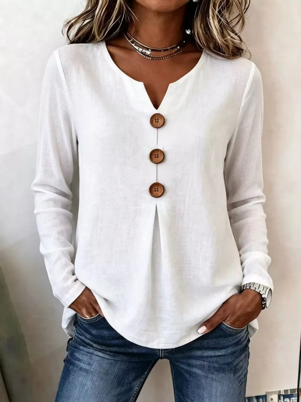 Full Size Decorative Button Long Sleeve Blouse Plus Size, image 3