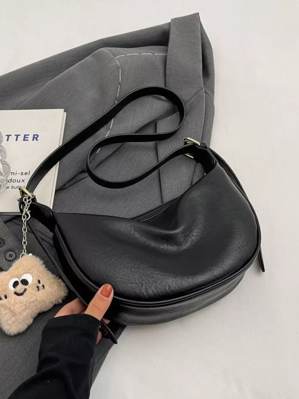 Crescent Shoulder Bag with Plush Charm