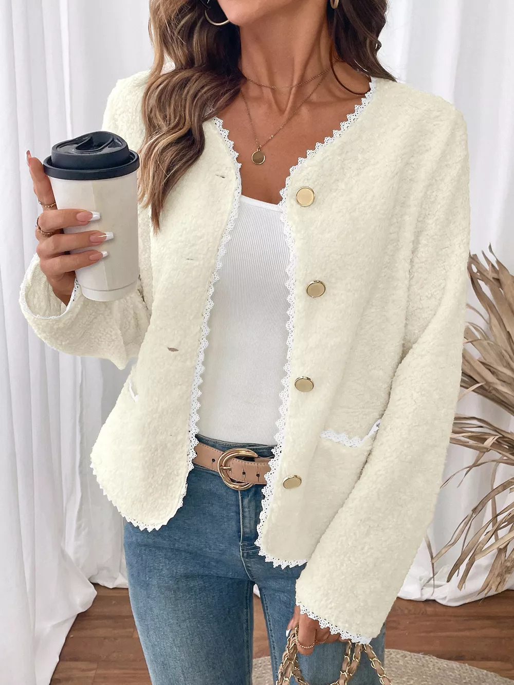 Lace Detail Button Up Long Sleeve Outerwear, image 5