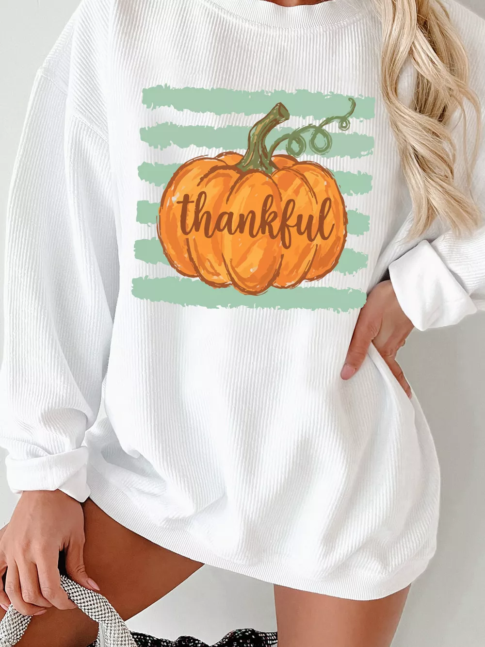 Thankful Pumpkin Ribbed Tunic Pullover Sweatshirt, image 3
