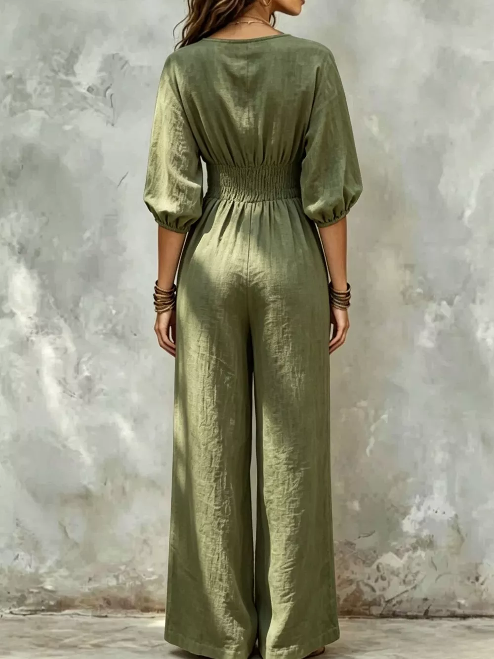 V-Neck Smocked Waist Wide-Leg Jumpsuit, image 9