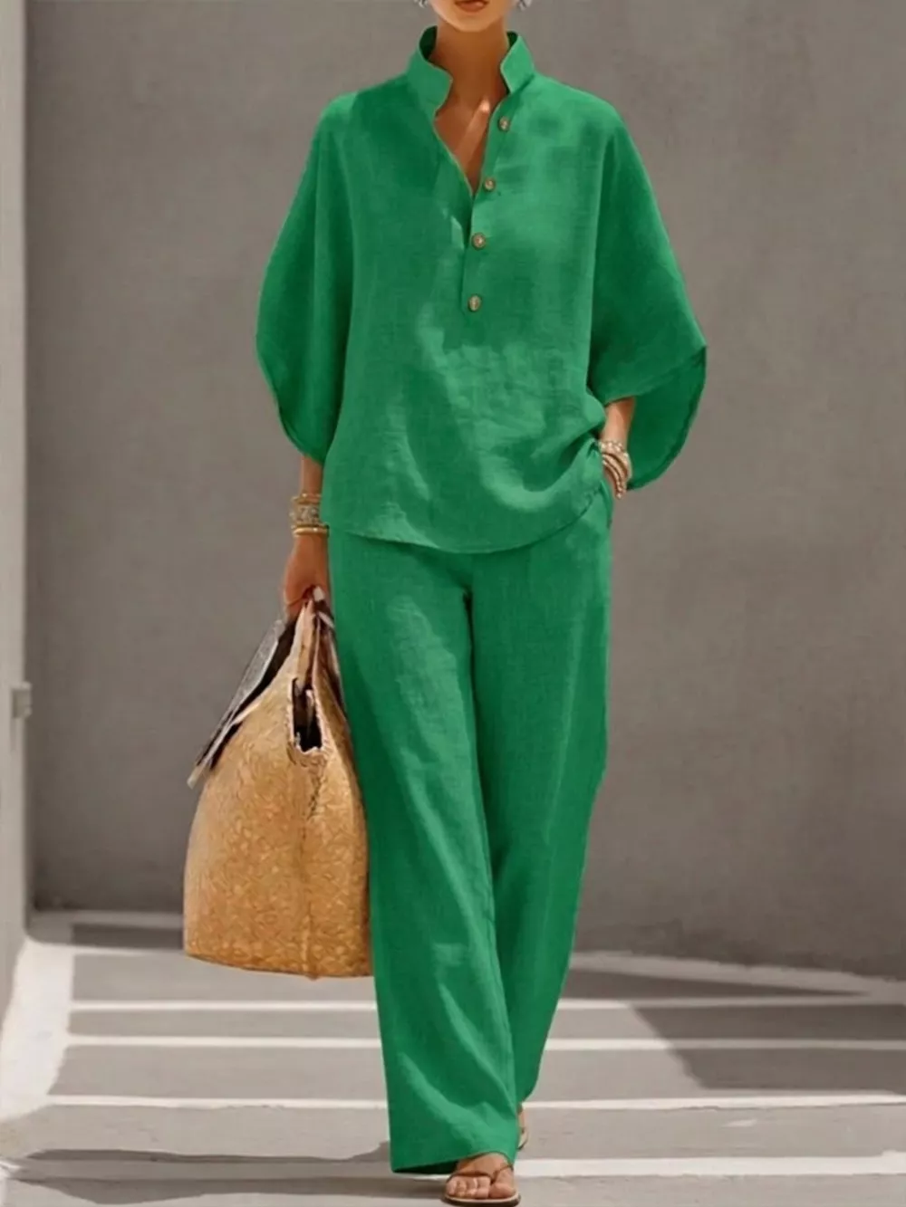Full Size Button Detail 3/4 Sleeve Top and Pants Set Plus Size, image 5