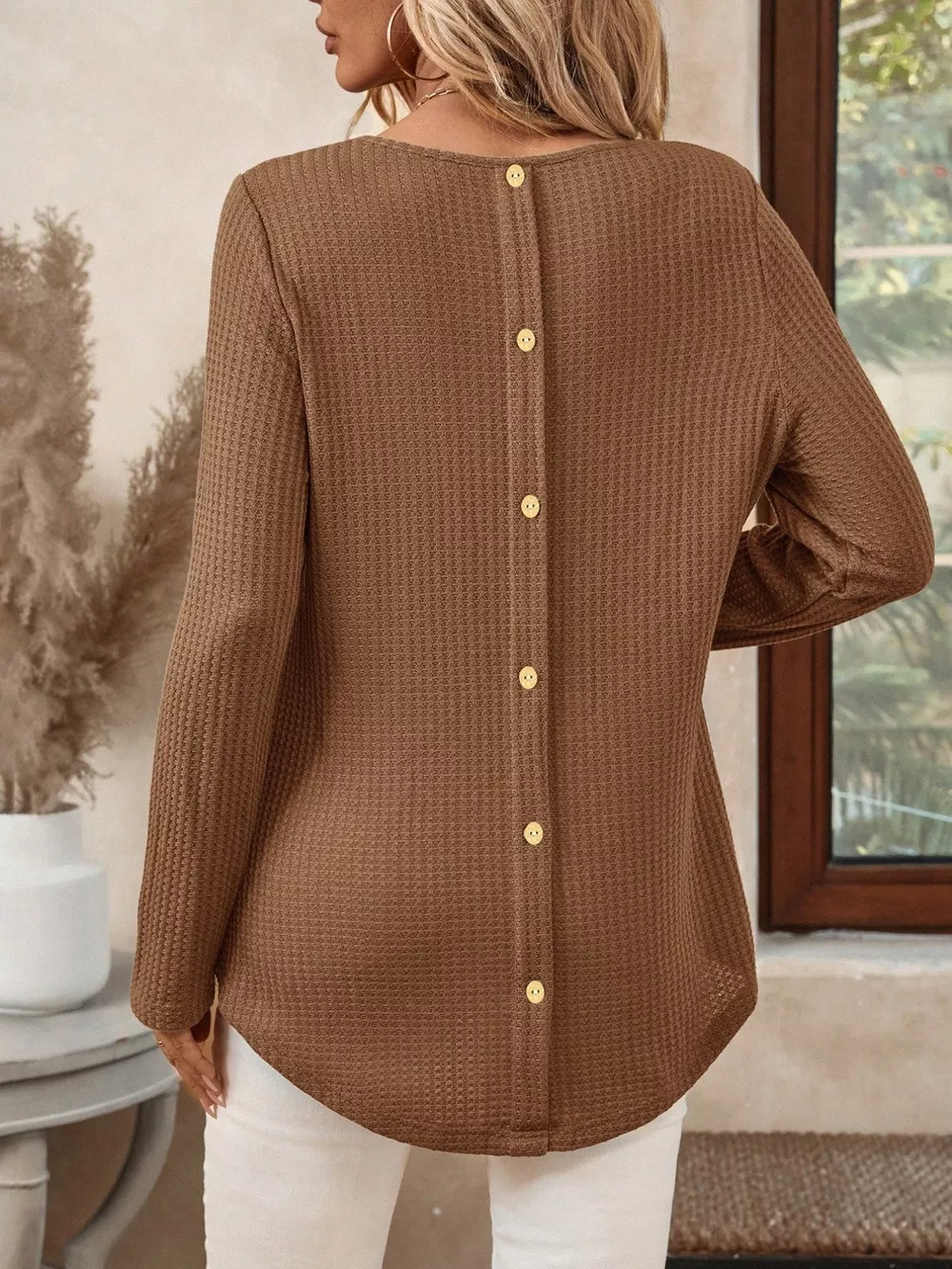 Plus Size Casual Waffle Knit Long Sleeve T-Shirt, image 17