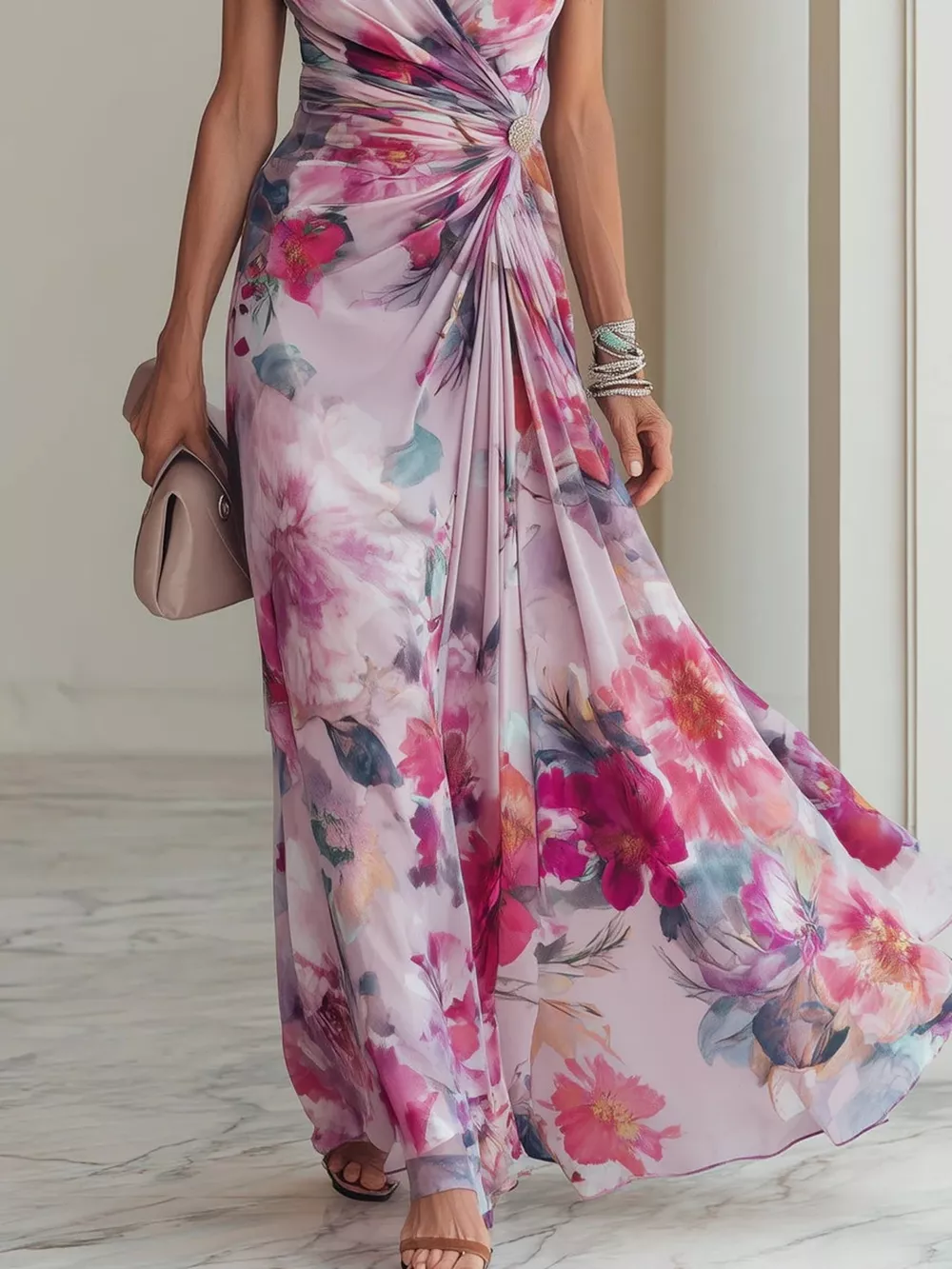 Floral Print Ruched Short Sleeve Maxi Dress, image 2
