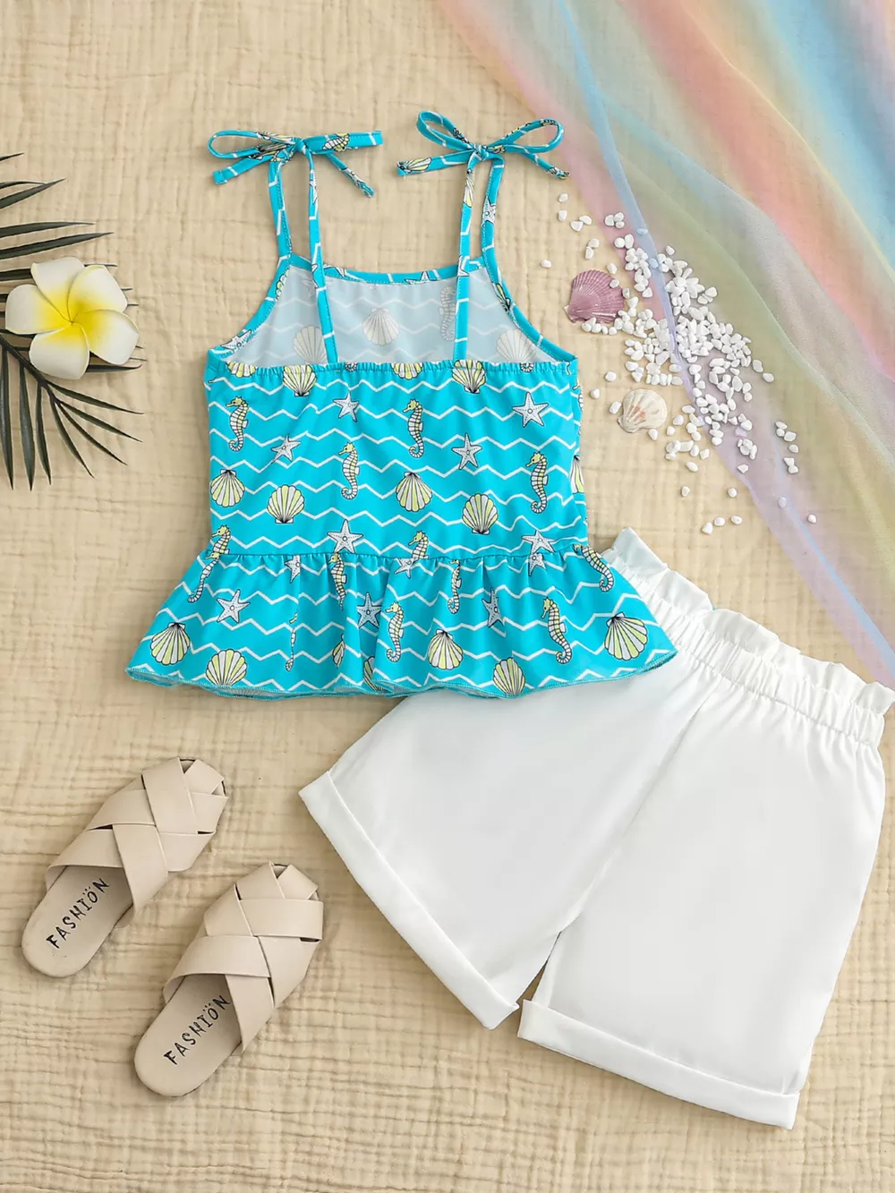 Children's Seahorse & Shell Print Cami Top with Bow Decor Shorts Set, image 7