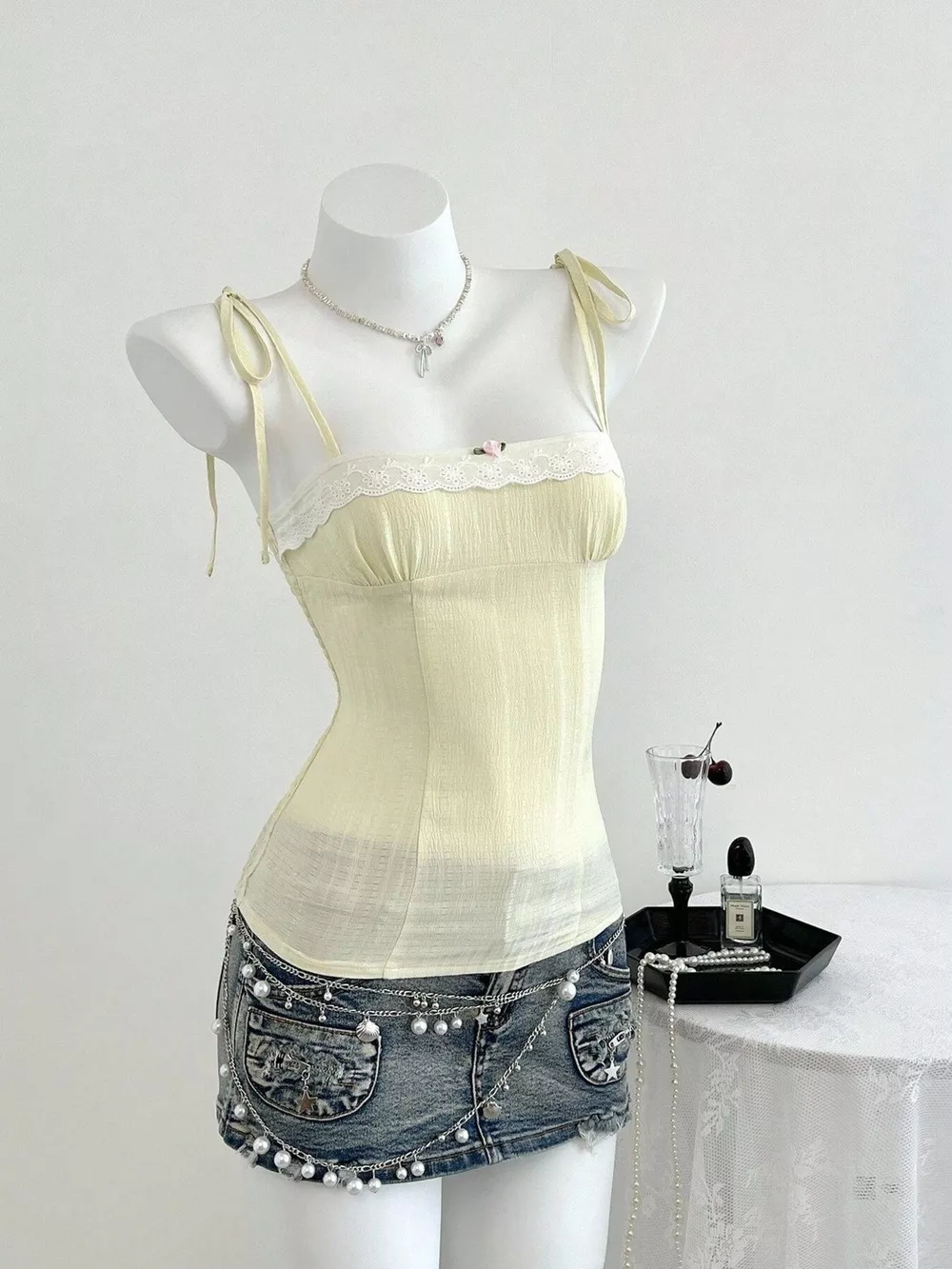 Lace-Trimmed Tie Shoulder Cami, image 3