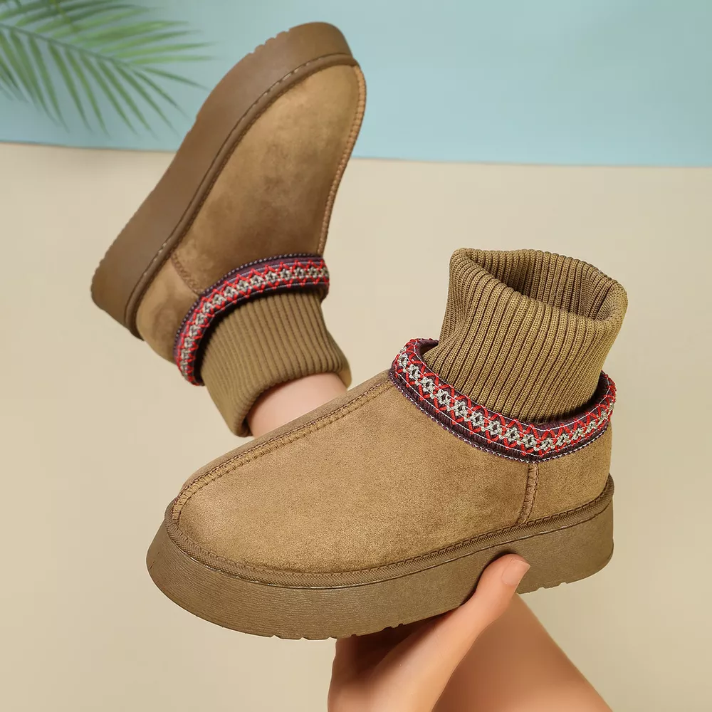 Cozy Knit-Cuff Platform Suede Boots with Decorative Trim, image 7