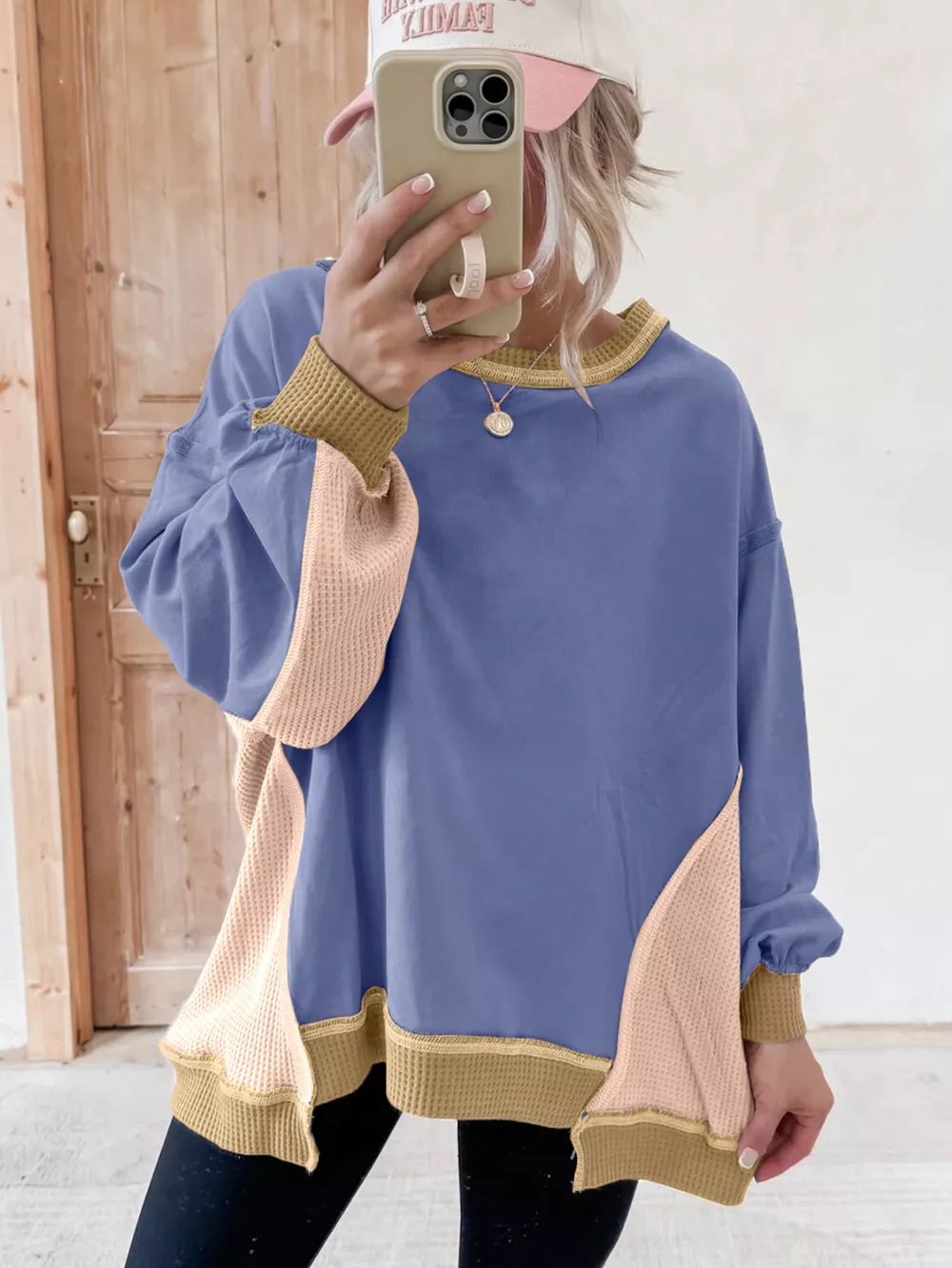 Color Block Waffle Knit Long Sleeve Sweatshirt, image 3