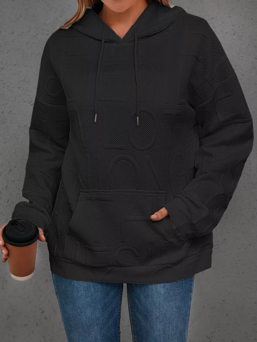 Full Size Textured Embossed Long Sleeve Hoodie Plus Size, image 18