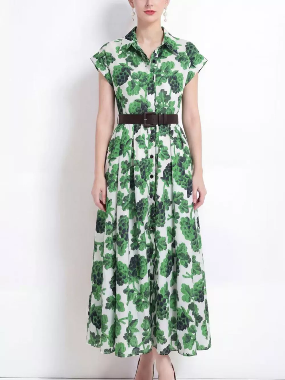Printed Button Front Cap Sleeve Dress, image 2