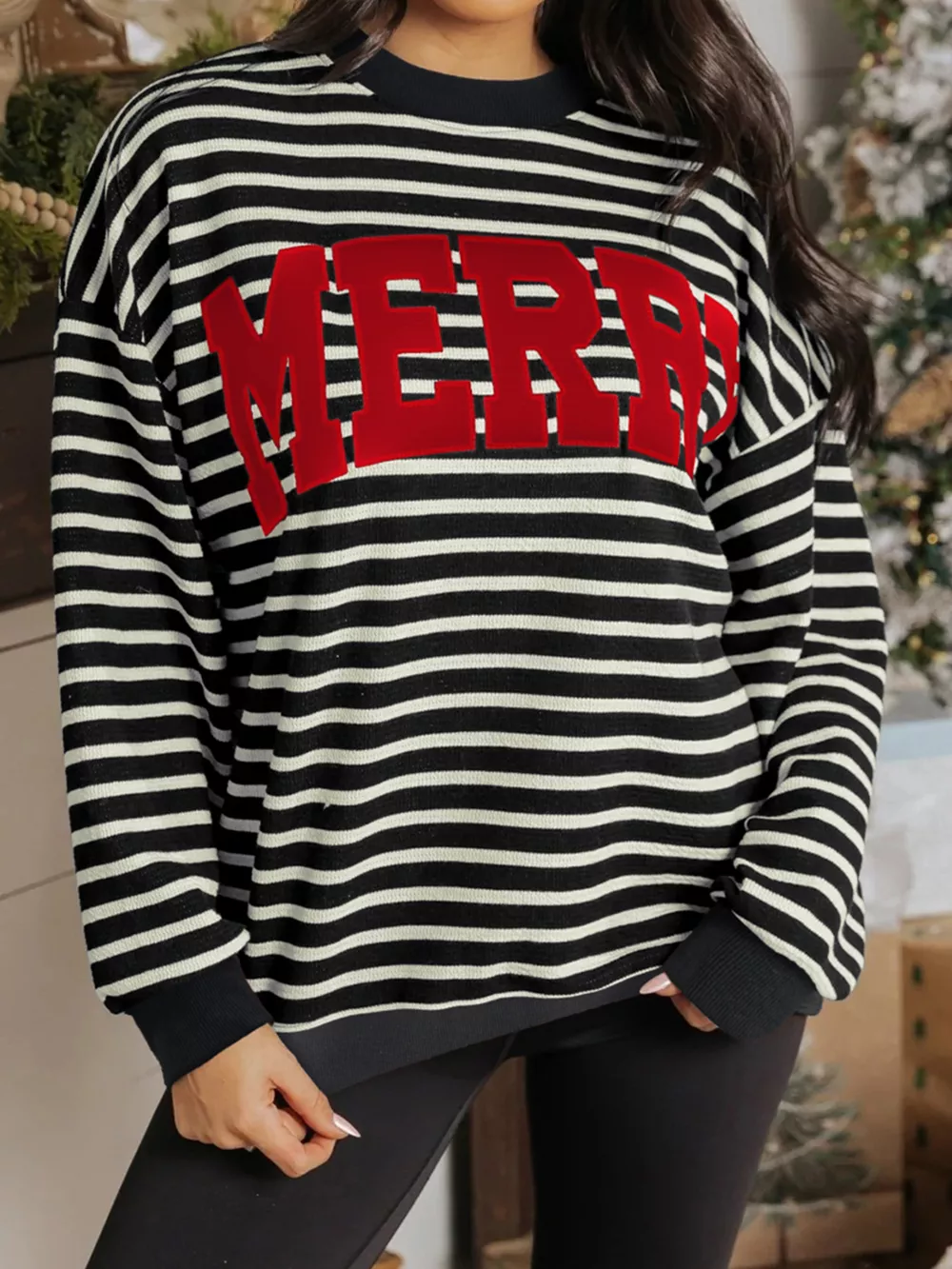 Stripe Contrast MERRY Letter Christmas Print Drop Shoulder Sweatshirt, image 3