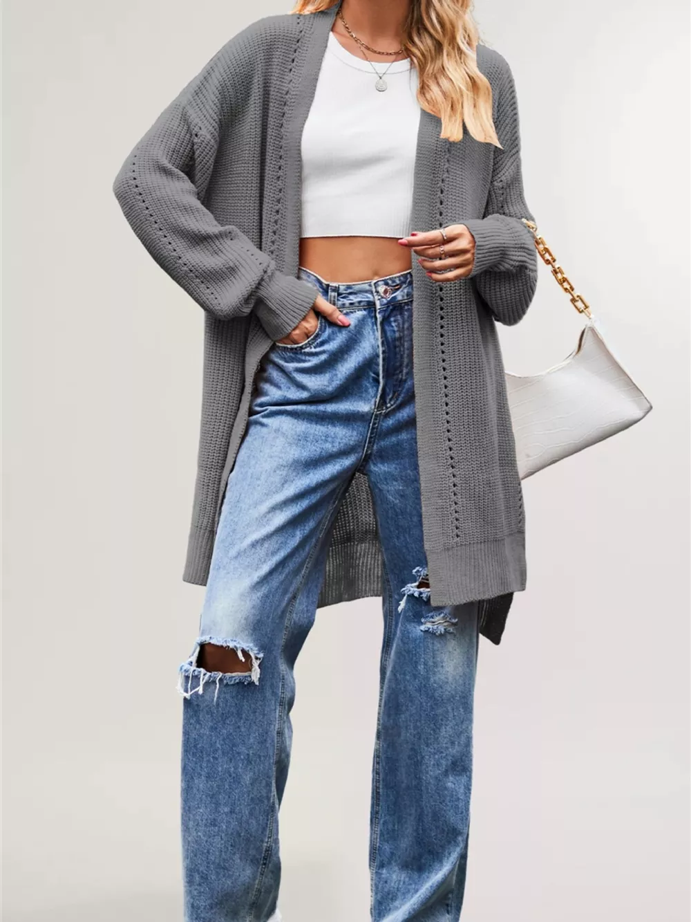 Open Front Openwork Knit Longline Cardigan, image 5
