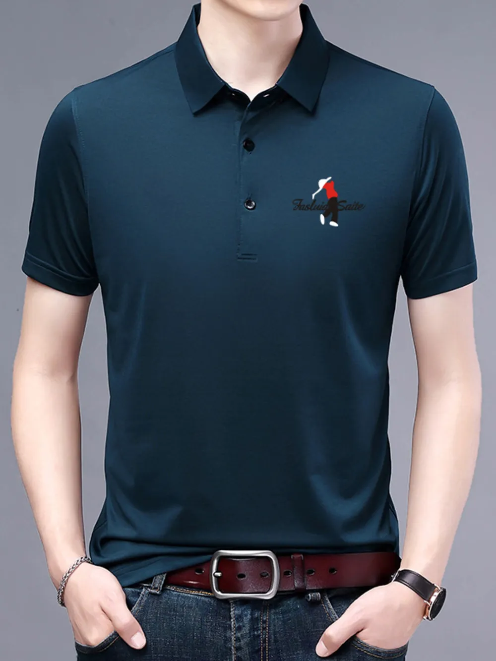 Men's Plus Size Embroidered Detail Short Sleeve Polo, image 2
