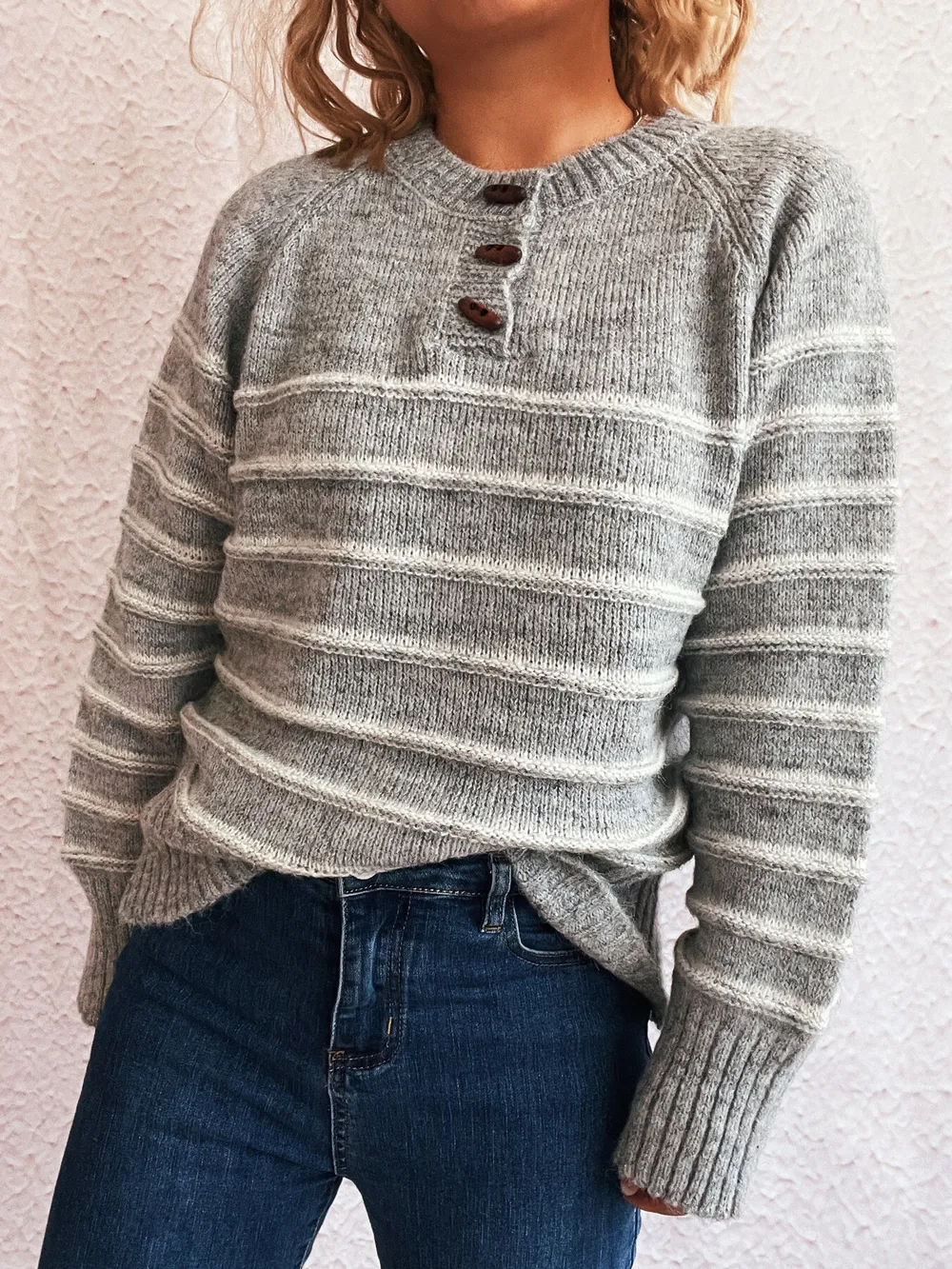 Striped Button Detail Long Sleeve Sweater, image 21