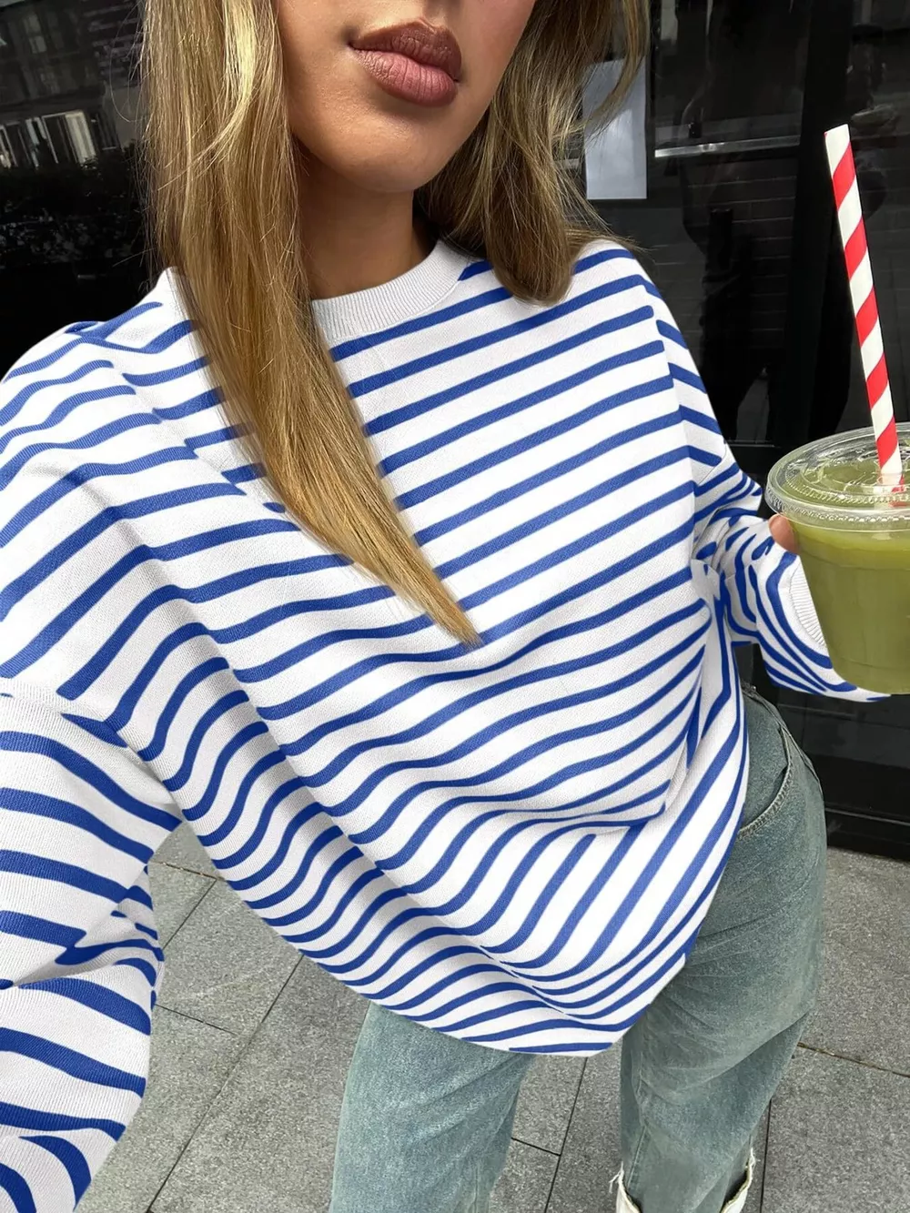 Striped Round Neck Oversized Casual Sweatshirt, image 19