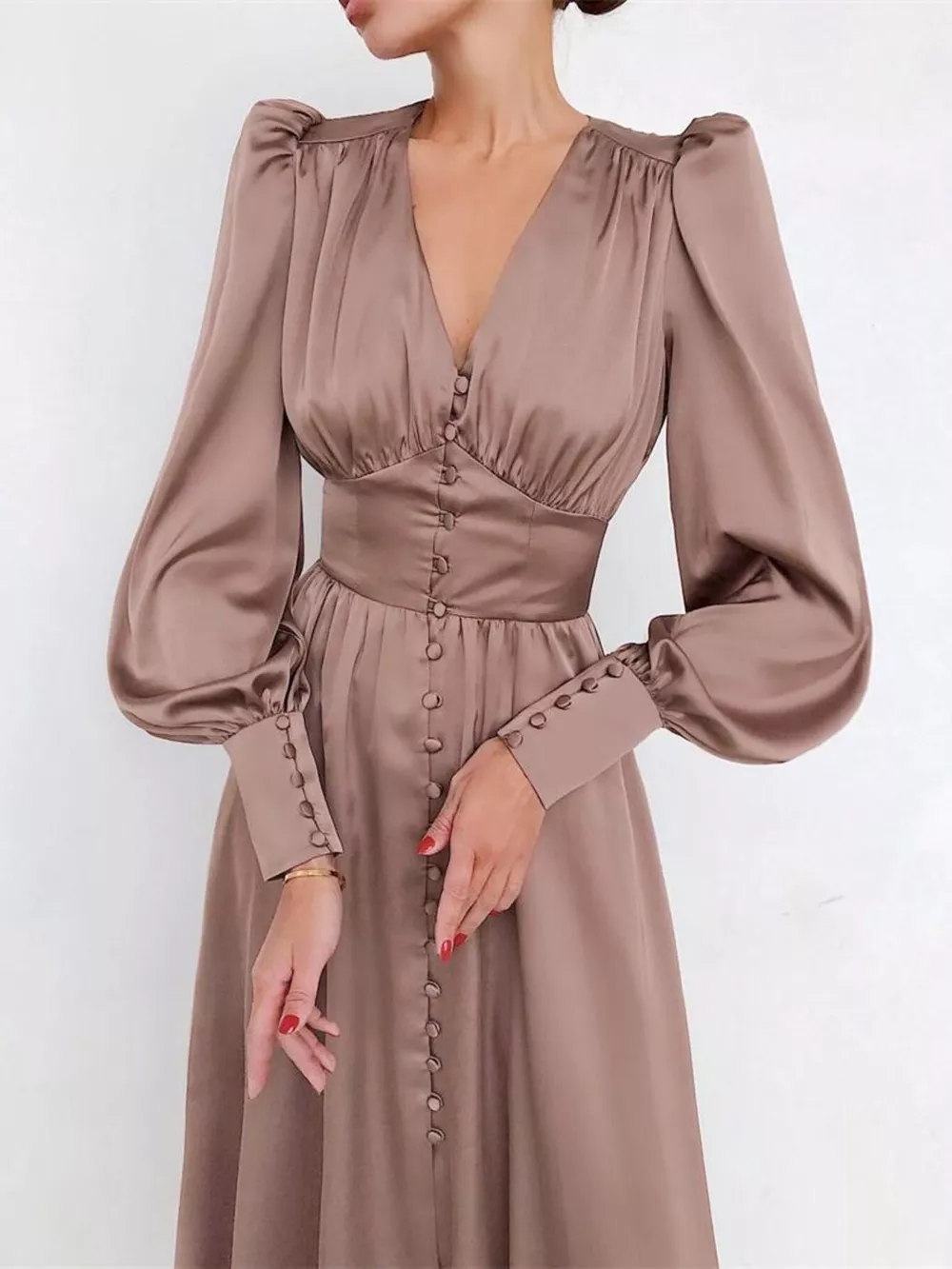Elegant V-Neck Puff Sleeve Button-Down Midi Dress, image 23