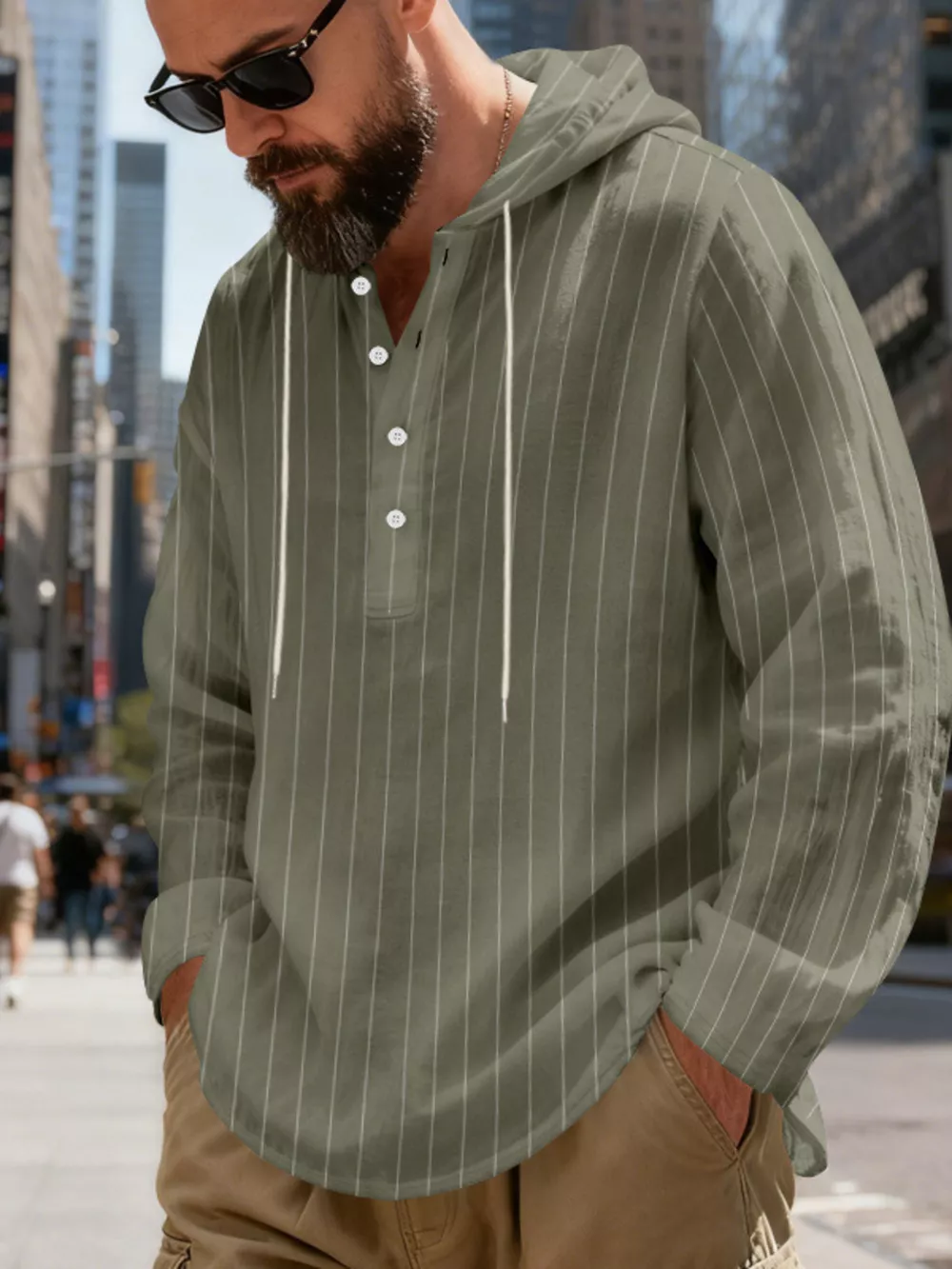 Men's Full Size Casual Striped Henley Hoodie with Drawstring Plus Size, image 7