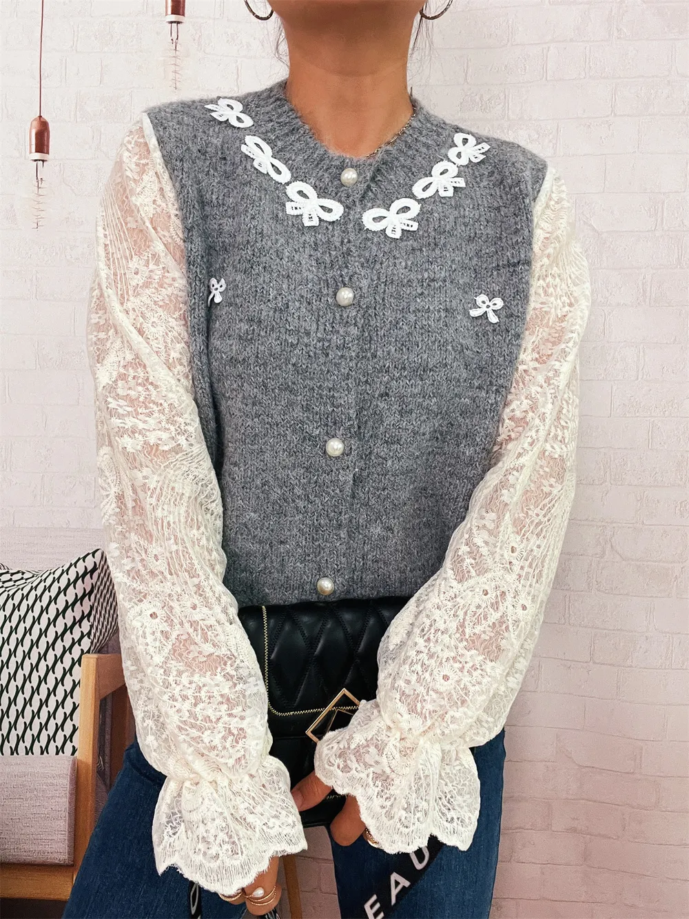 Lace Sleeve Button-Up Cardigan, image 9