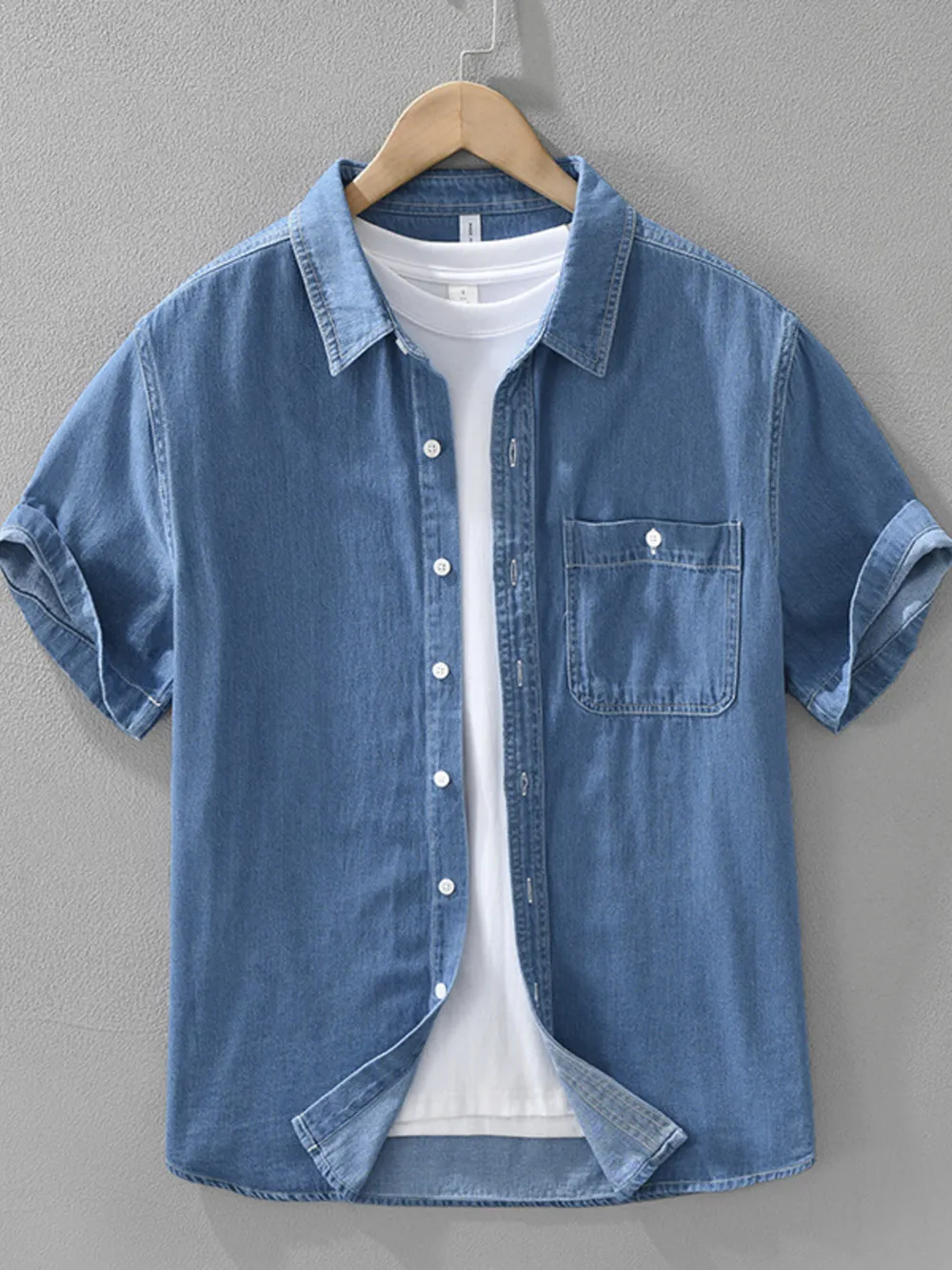 Men's Plus Size Button Up Short Sleeve Denim Shirt, image 2