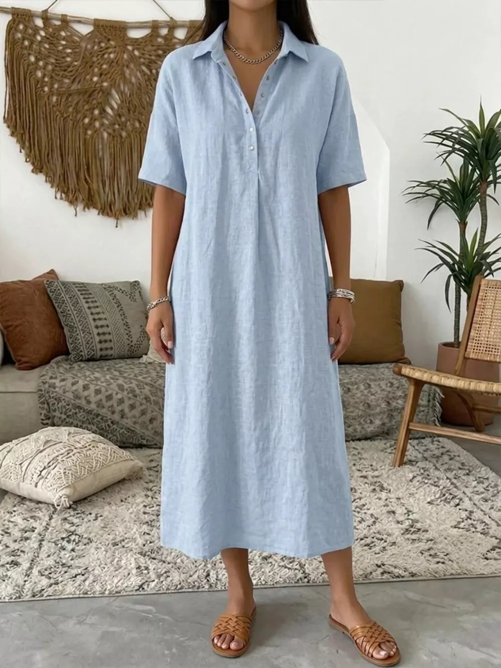 Full Size Button Detail Short Sleeve Midi Shirt Dress Plus Size, image 5