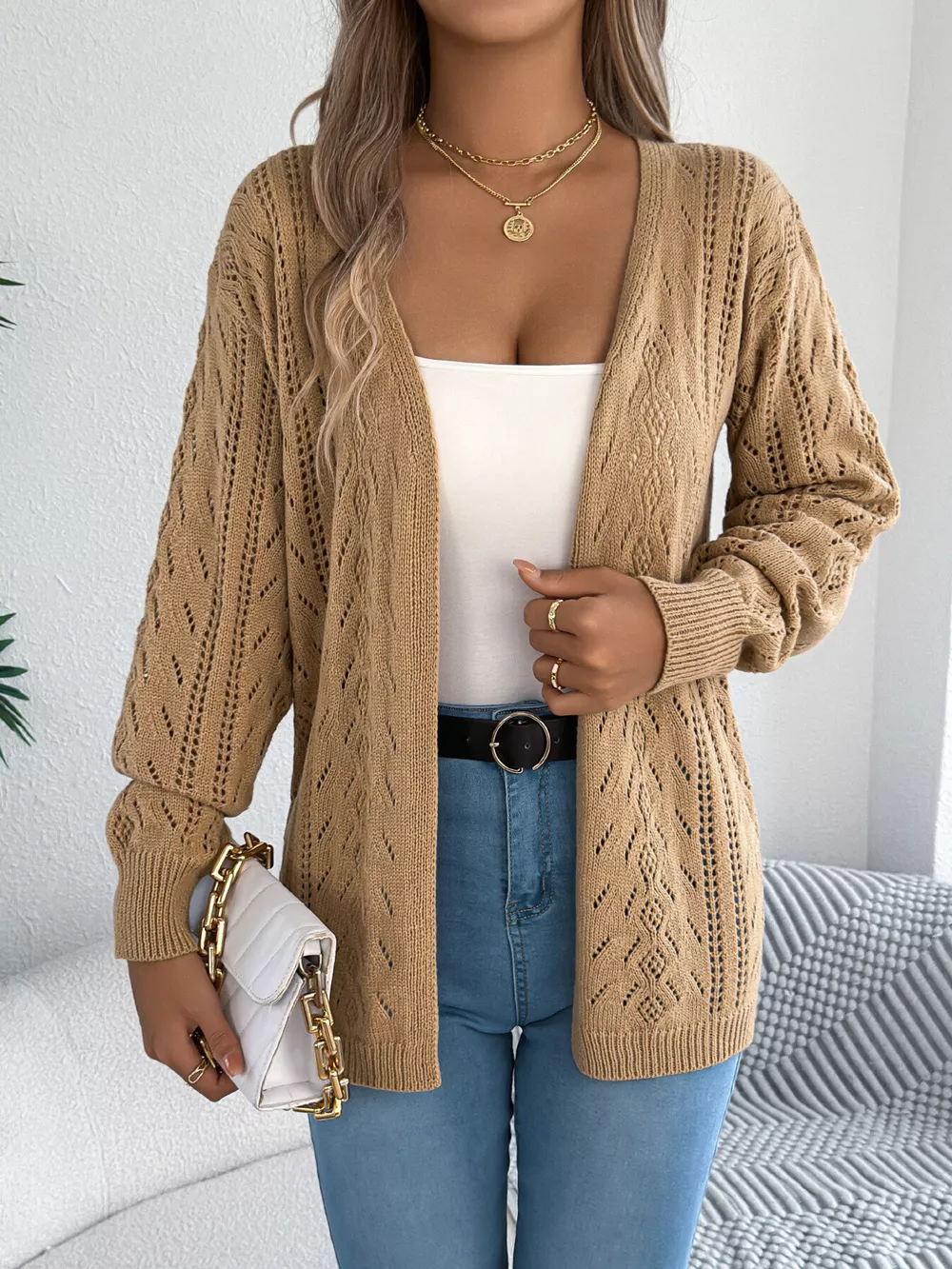 Openwork Open Front Cardigan, image 9