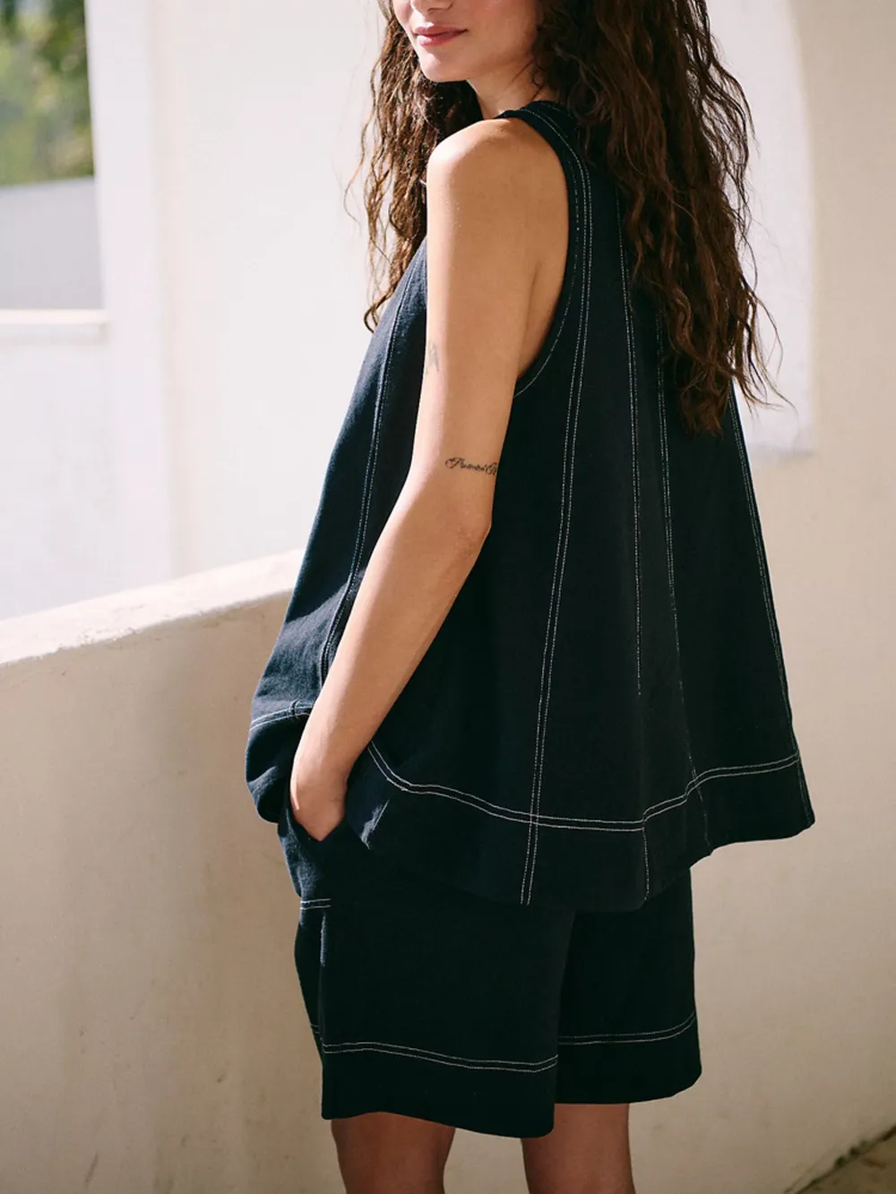 Casual Contrast Stitch Denim Tank Top and Shorts Set, image 5