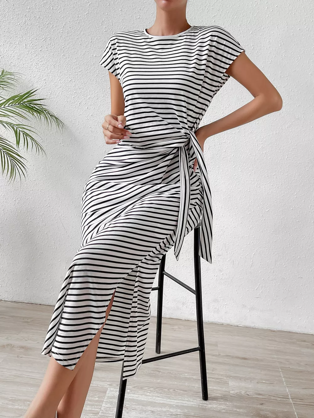 Striped Tie-Waist Midi Dress, image 5