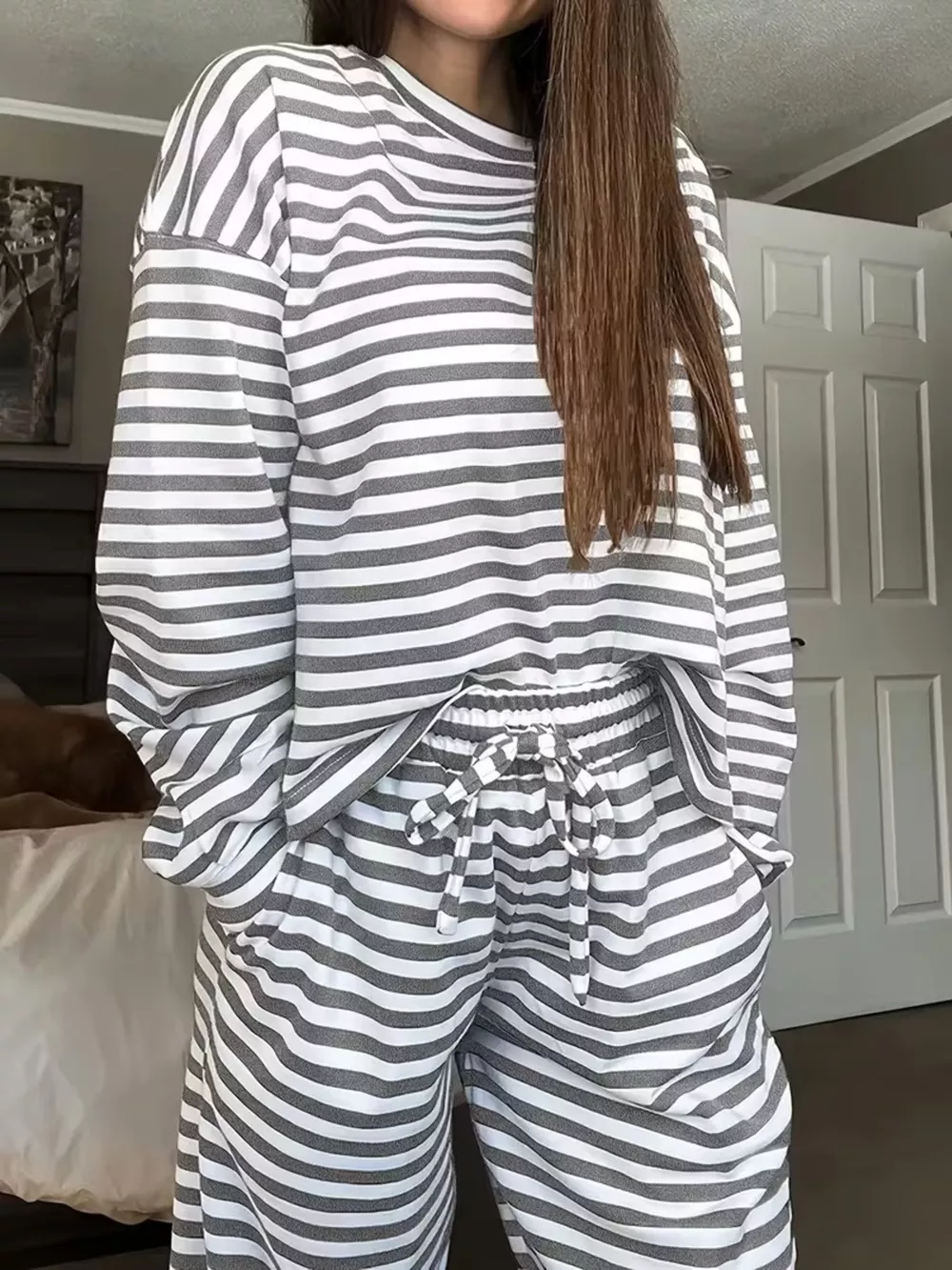 Striped Dropped Shoulder Top and Pants Set, image 3