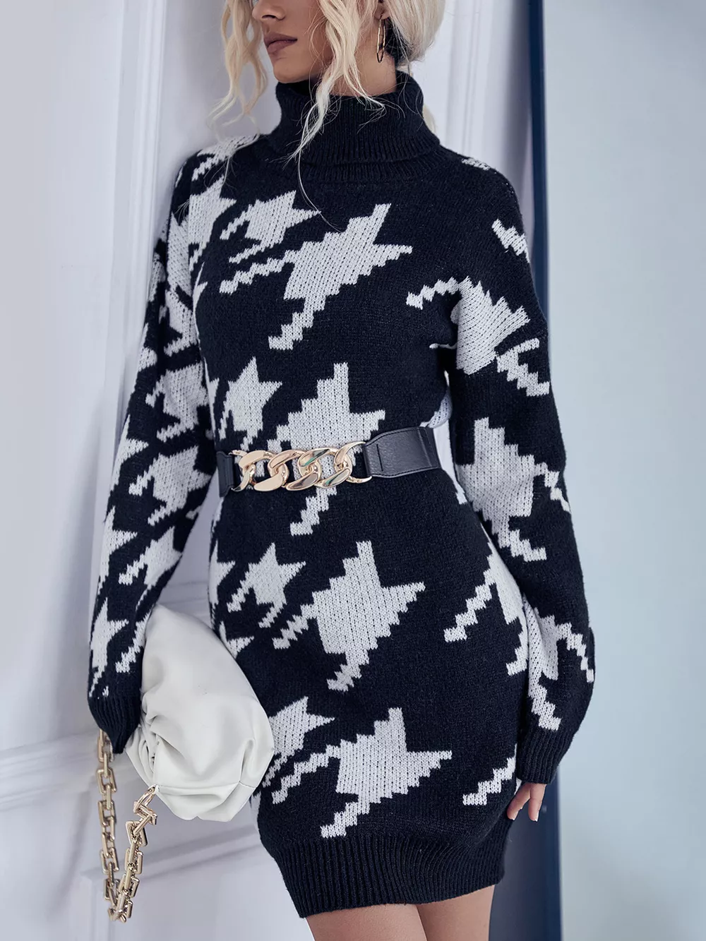 Houndstooth Pattern Turtleneck Sweater Dress, image 5