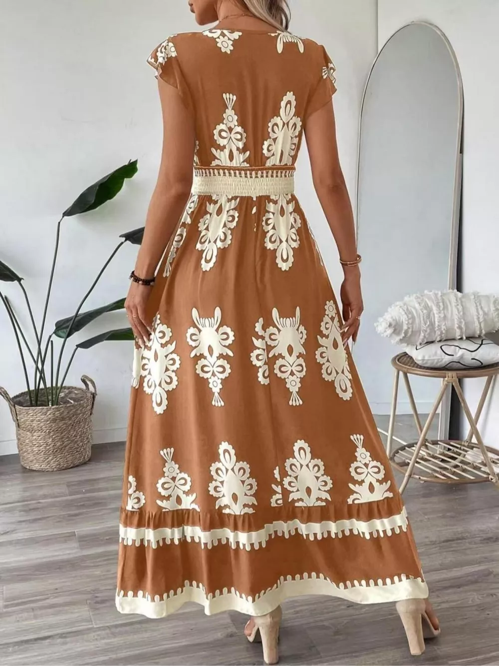 Printed V-Neck Ruffled Cap Sleeve Dress, image 9
