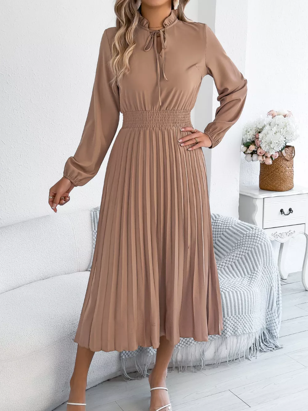 Smocked Pleated Tie Neck Dress, image 9