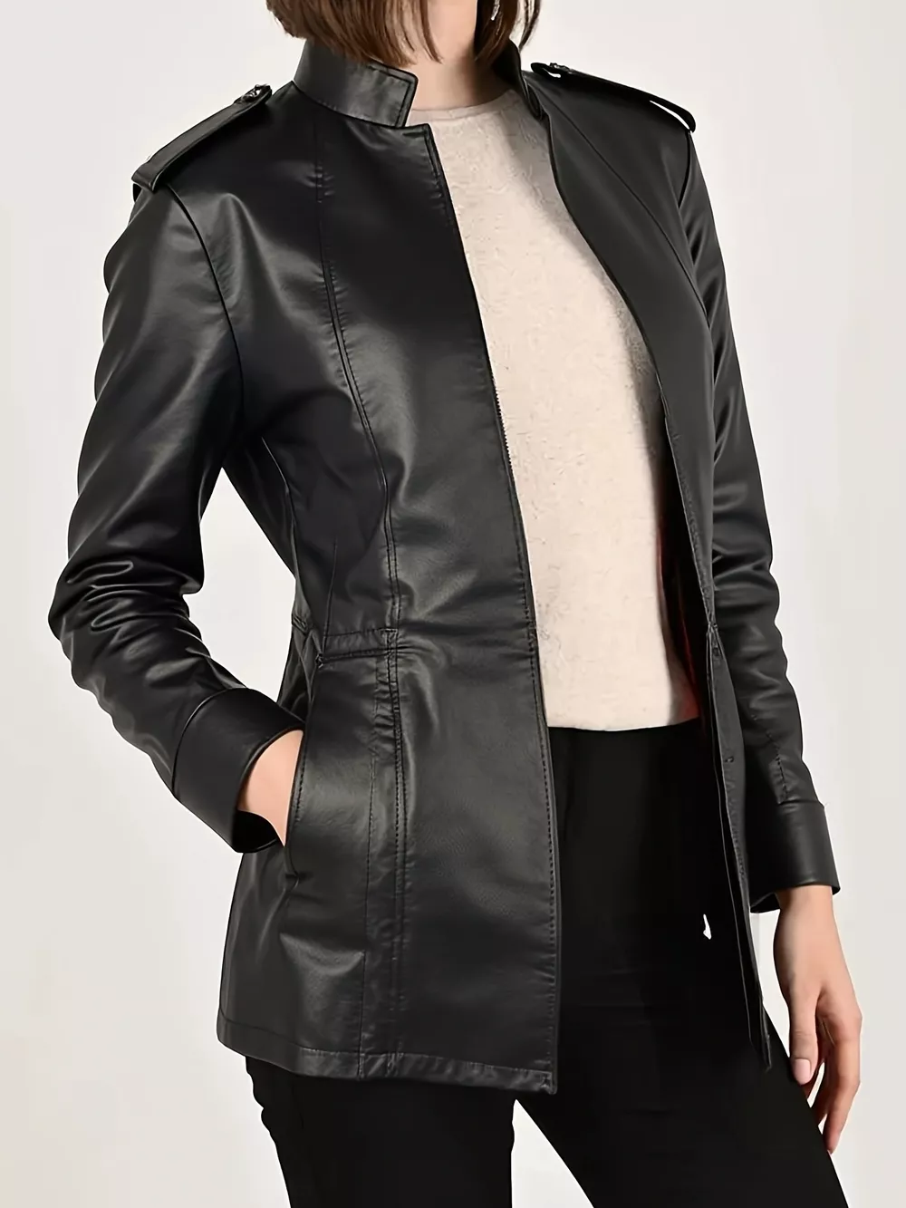 Leather Long Sleeve Moto Jacket, image 2
