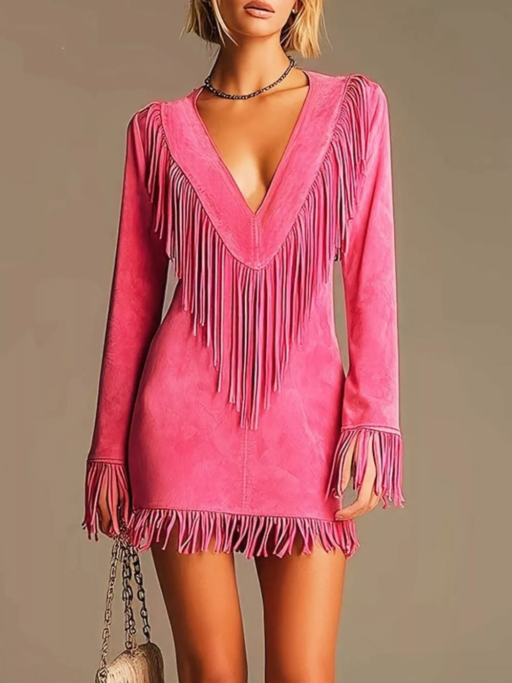 Boho Chic Fringed Suede V-Neck Mini Dress, image 3