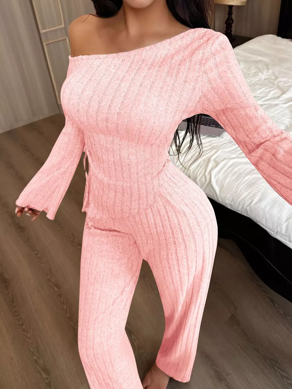 One-Shoulder Ribbed Knit Top and Pants Set, image 16