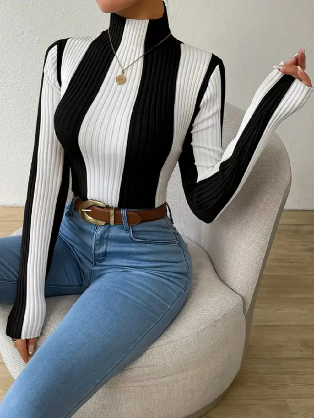 Color Block Turtleneck Ribbed Knit Top, image 2