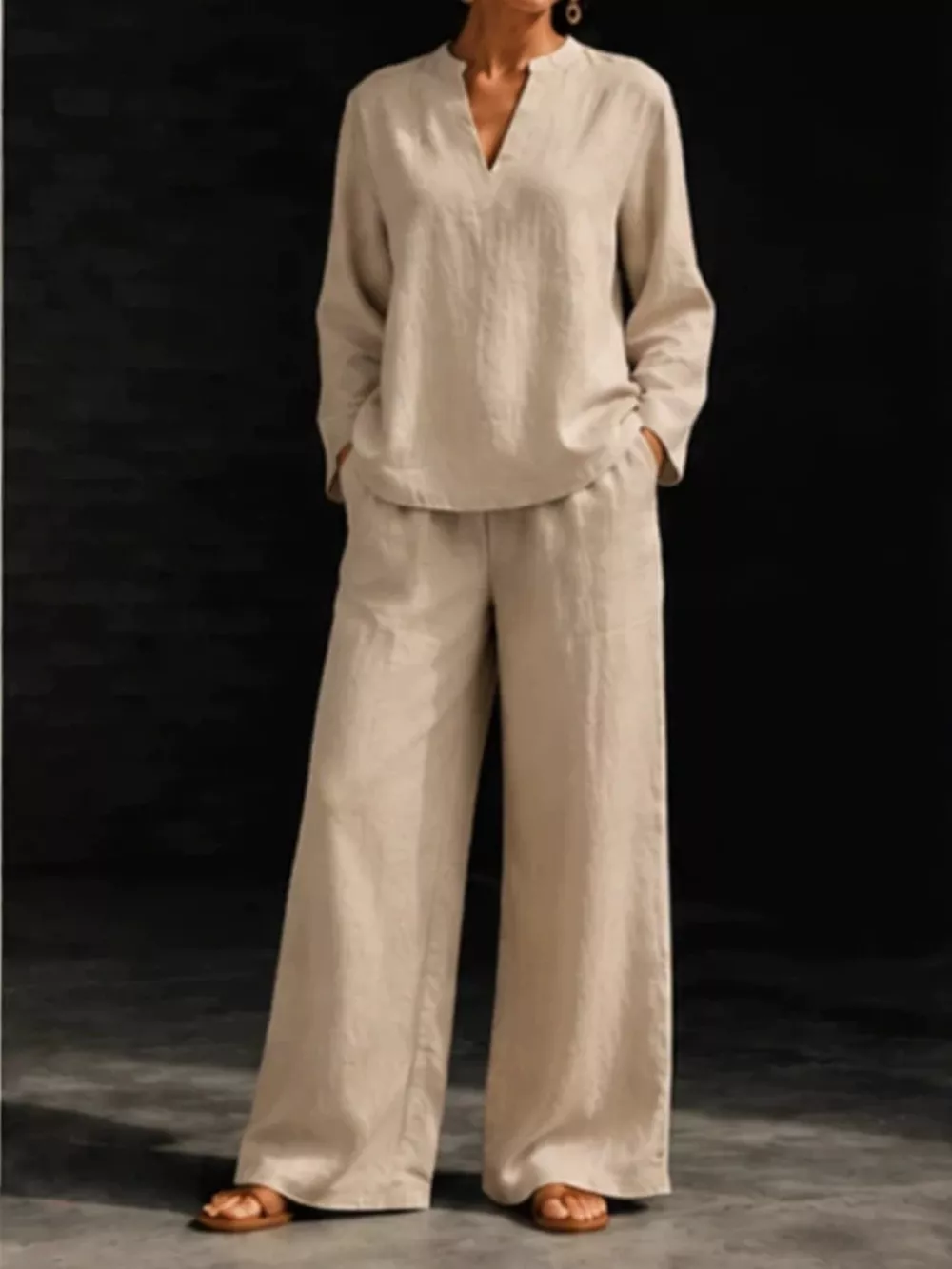 Notched Long Sleeve Top and Pants Set, image 14