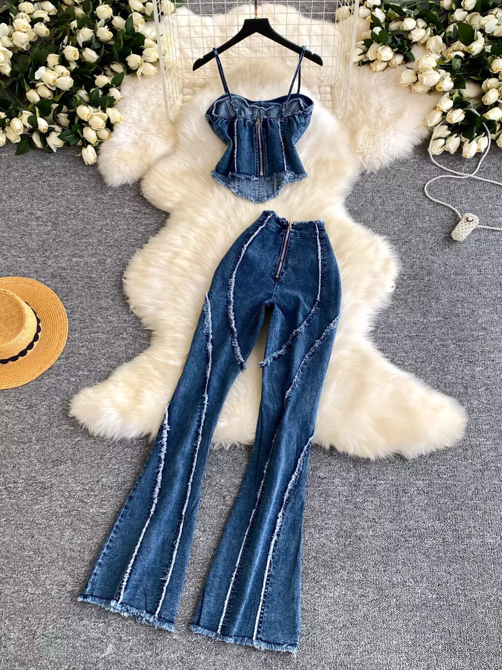 Raw Hem Denim Cami and Flare Jeans Set, image 2
