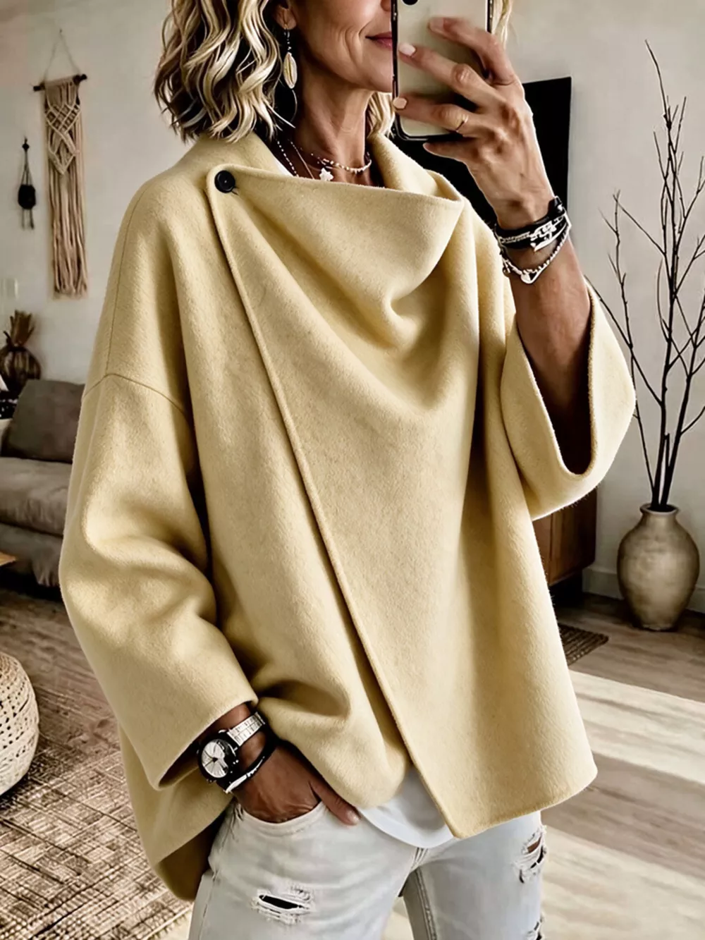 Full Size Asymmetric Button-Up Cape Outerwear Plus Size, image 7