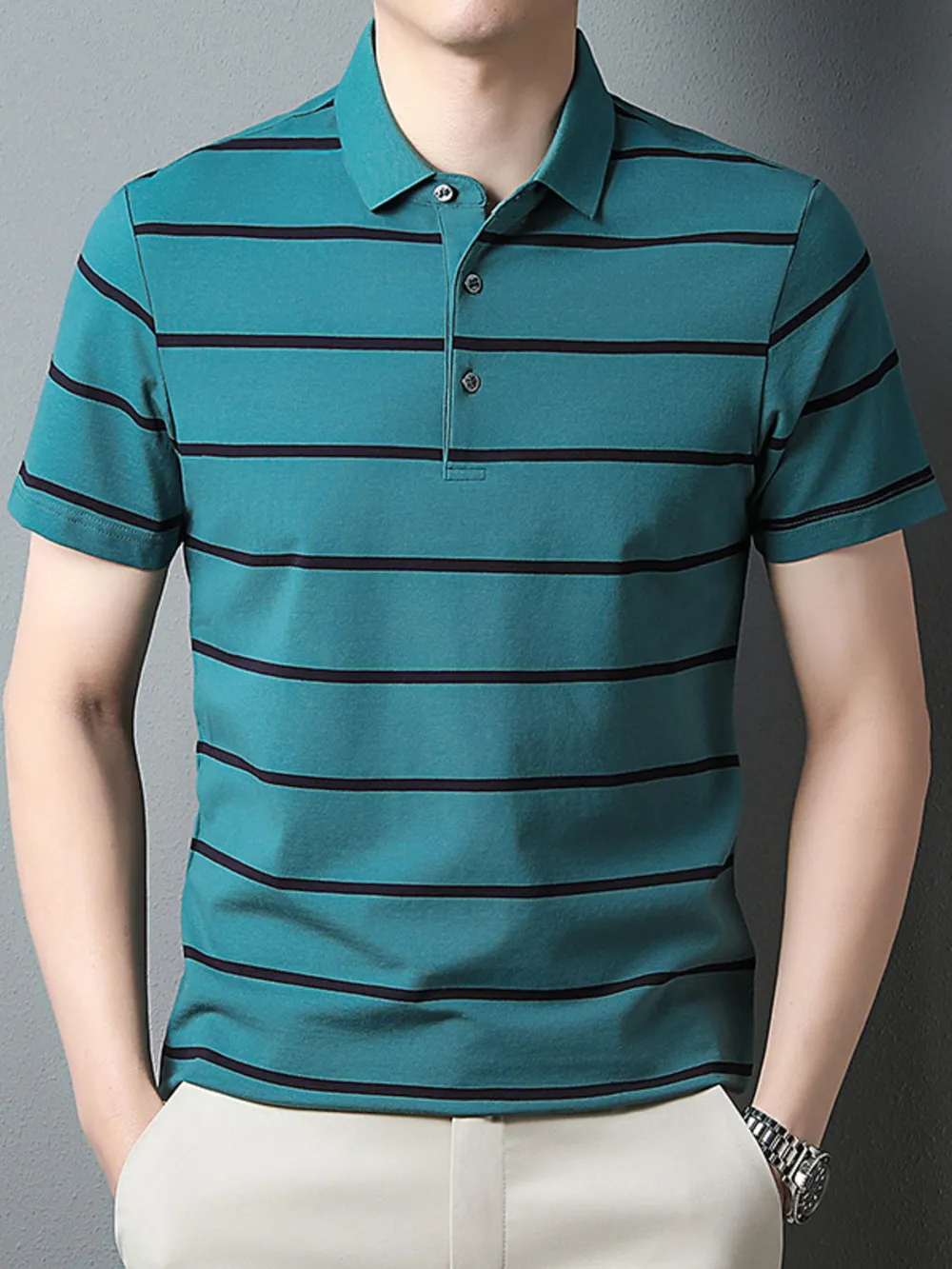 Men's Plus Size Striped Button Detail Short Sleeve Polo, image 7