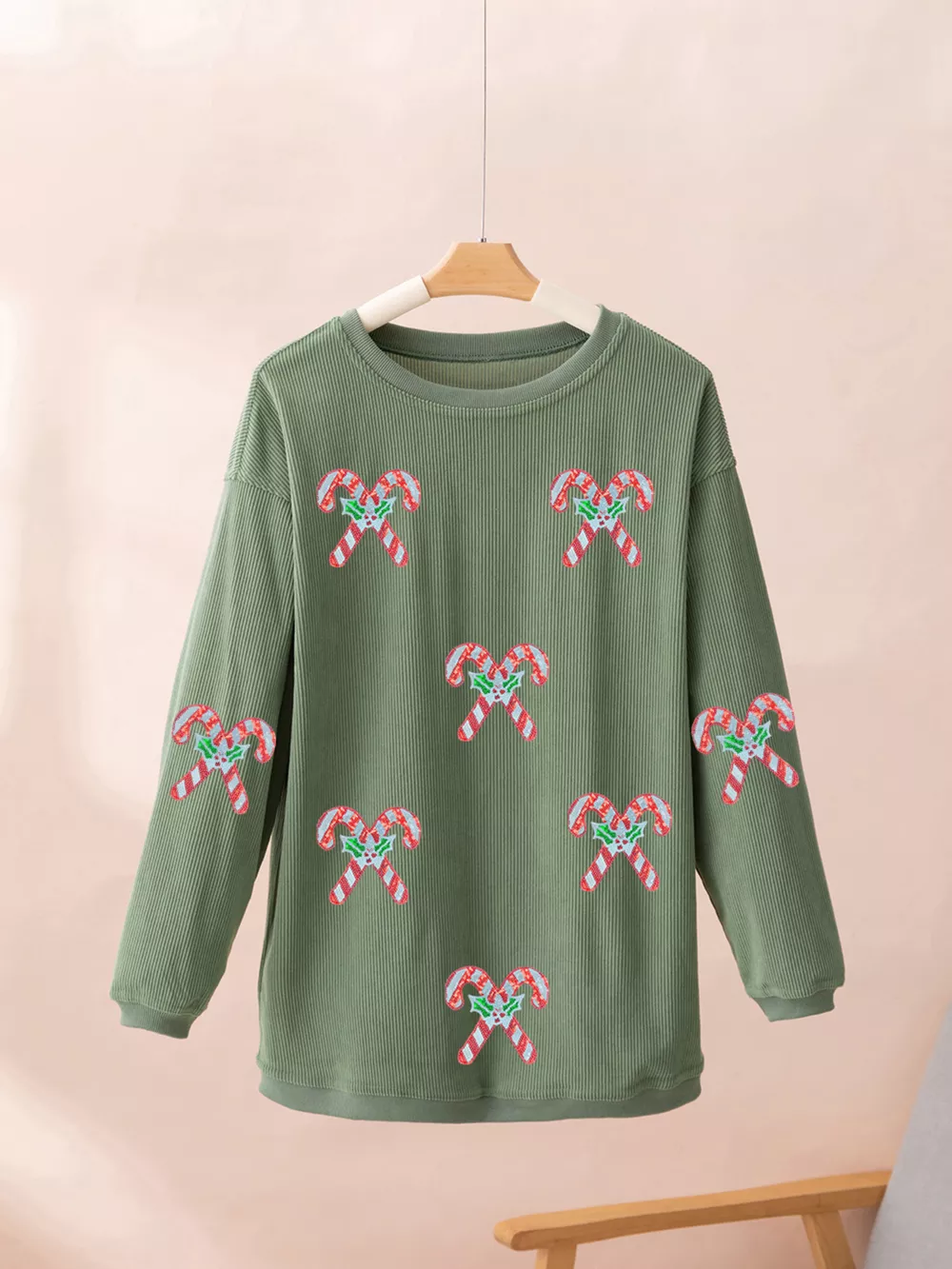 Candy Cane Shimmer Patched Corded Baggy Sweatshirt, image 3